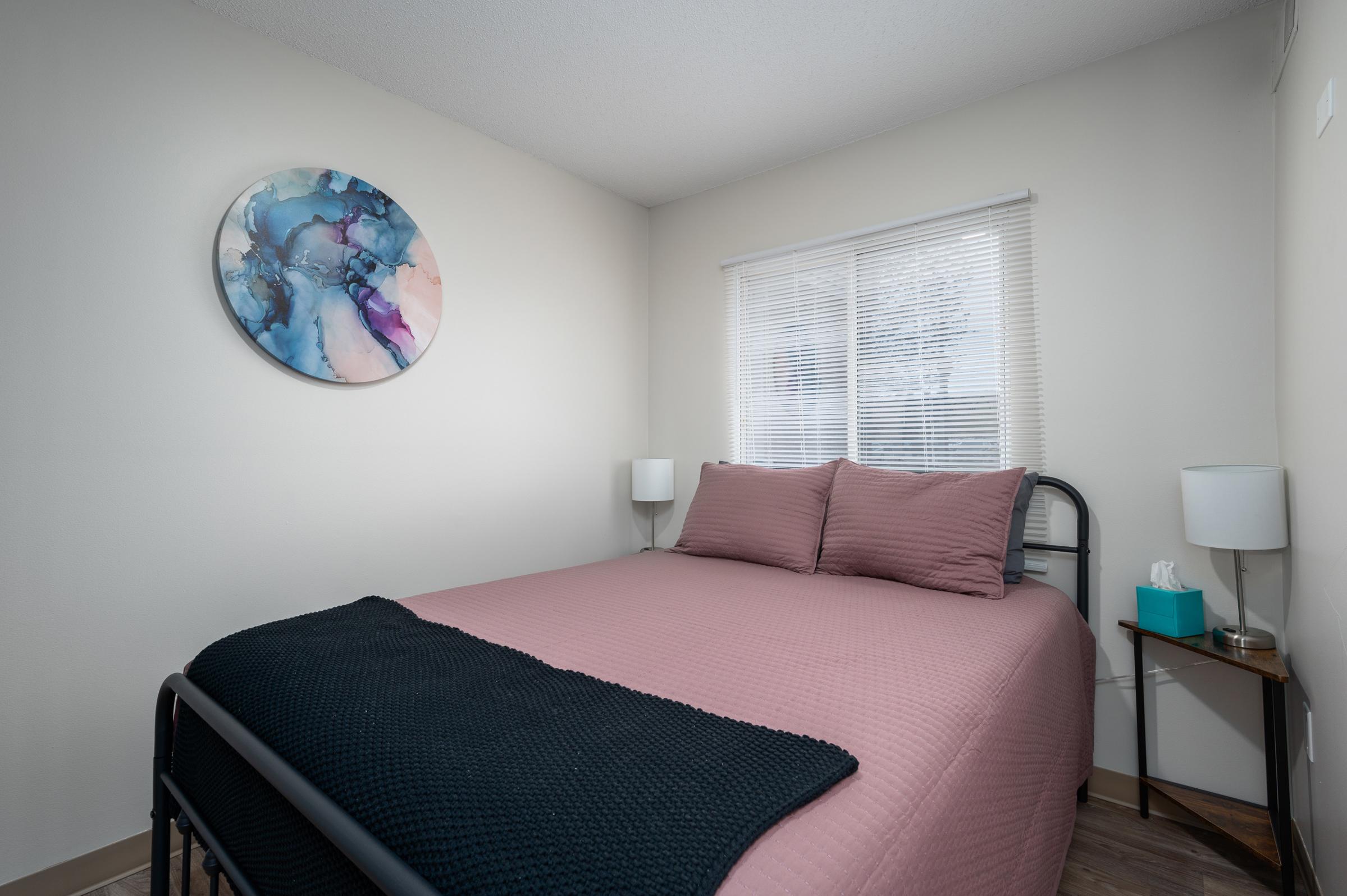 A cozy bedroom featuring a double bed with pink bedding and a black throw blanket. There are two bedside lamps, a small nightstand with a teal tissue box, and a round abstract wall art piece. Natural light streams through a window with blinds, illuminating the neutral-colored walls.