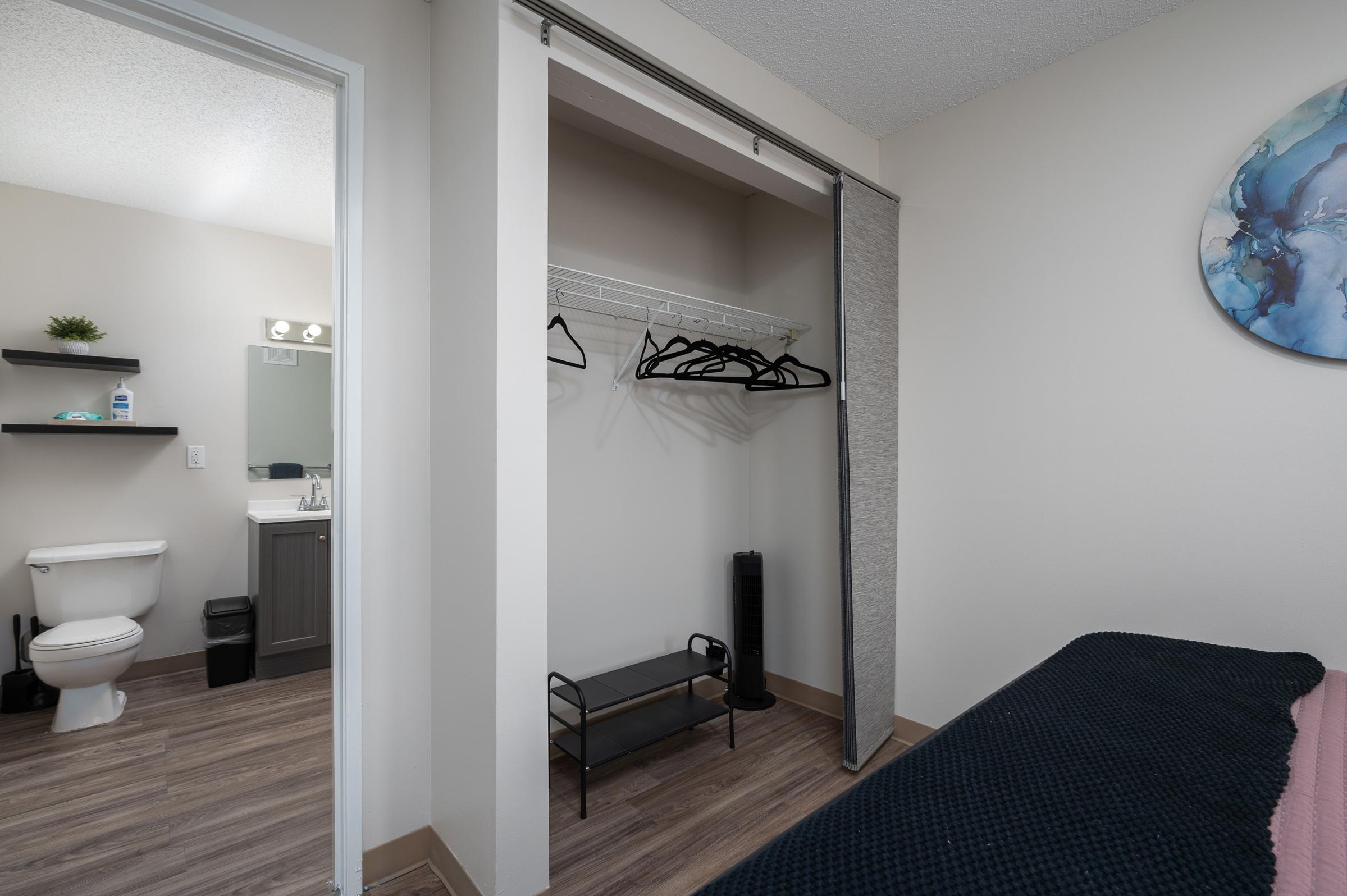 A view of a small room featuring a closet with hangers, a black shelf, and a bathroom area visible in the background. The bathroom includes a toilet and a sink with a mirror. The flooring is wood-like, and there is a decorative wall piece with abstract art. The overall decor is modern and minimalist.