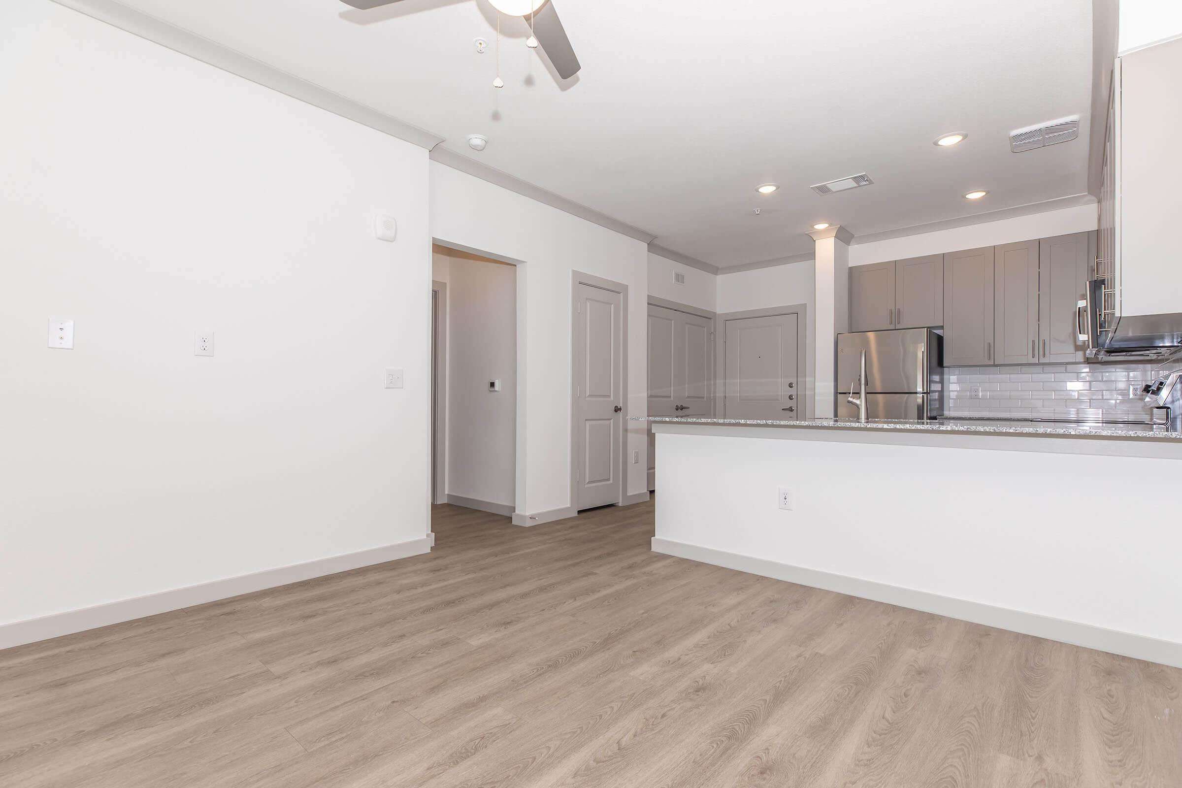 A modern, open-concept living area featuring light-colored walls, a light wood floor, and a ceiling fan. The kitchen is equipped with stainless steel appliances and gray cabinetry. A doorway leads to another room, and the overall aesthetic is clean and bright, suitable for contemporary living.
