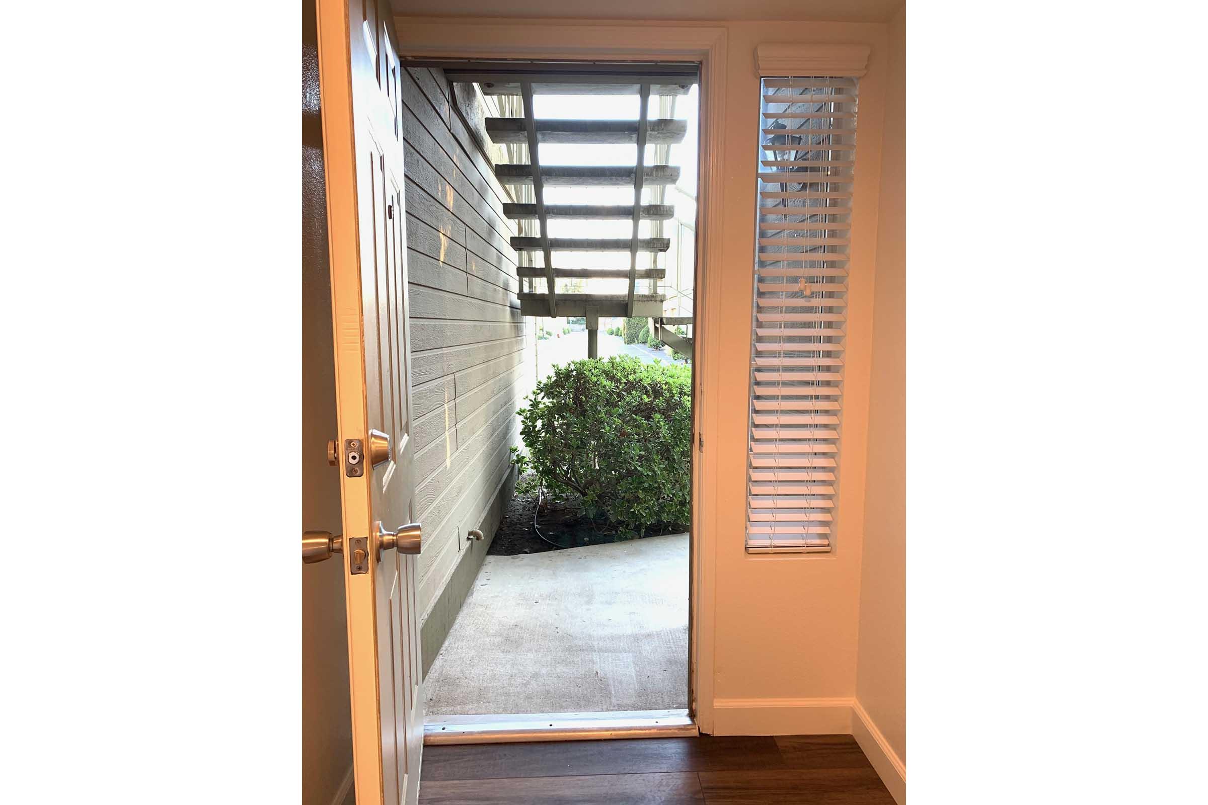 A view from an open door leading outside, revealing a small pathway and a bush. The doorframe has a modern design with a metal handle, and there's light streaming in from the outside. On the side, there are vertical blinds partially open, allowing additional natural light into the space.