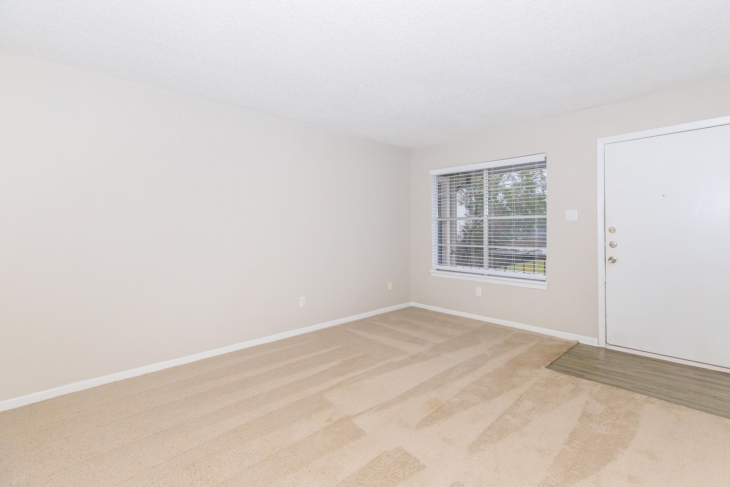 Empty room with light beige walls and a carpeted floor. A large window with blinds allows natural light to enter, and there is a white door on the right. The overall ambiance is neutral and spacious, suitable for various purposes.