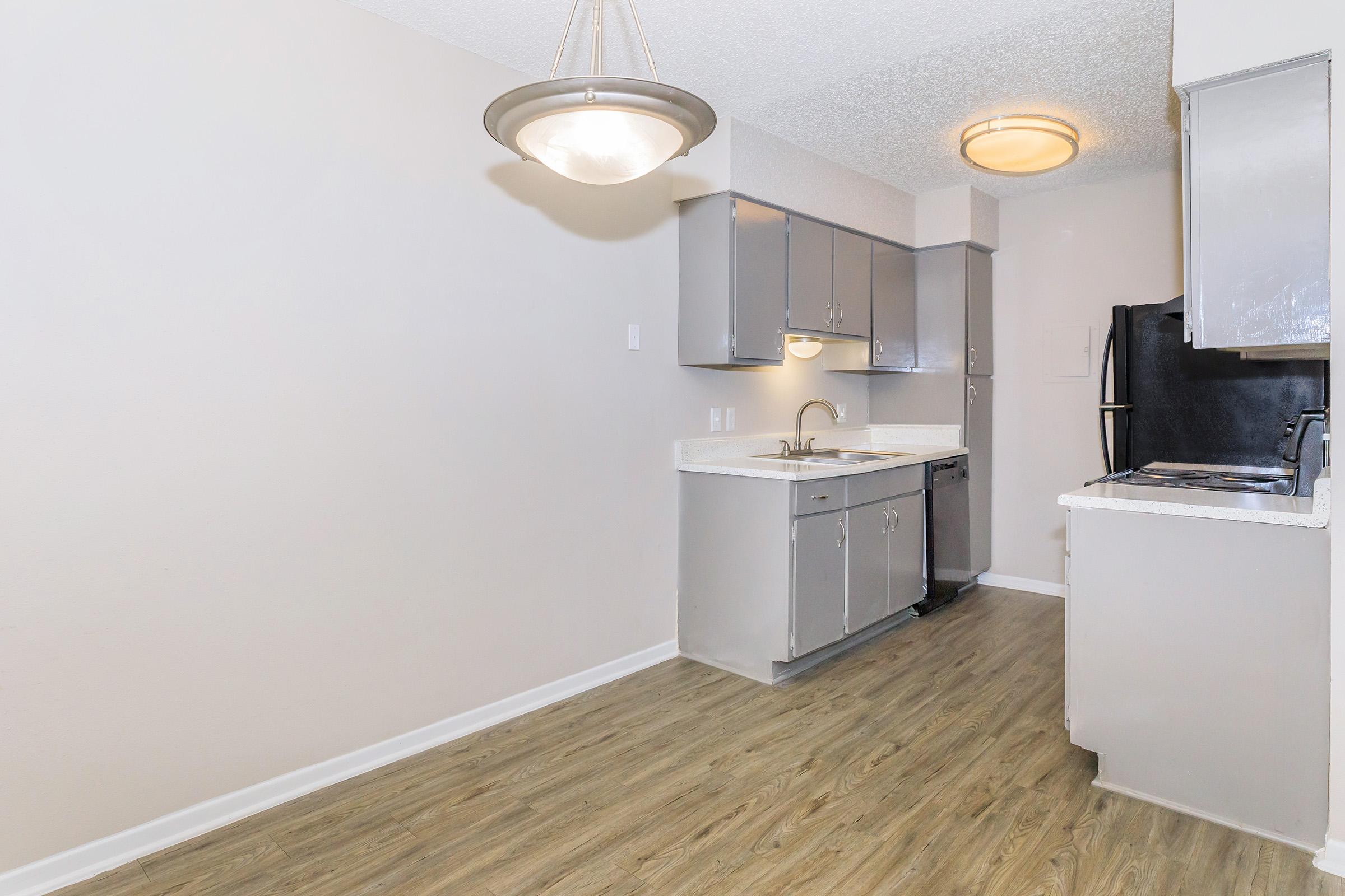 A modern kitchen featuring gray cabinets, a stainless steel sink, a black refrigerator, and a stove. The floor has a light wood finish, and there is a ceiling light fixture. The walls are a neutral color, creating a bright and open atmosphere.