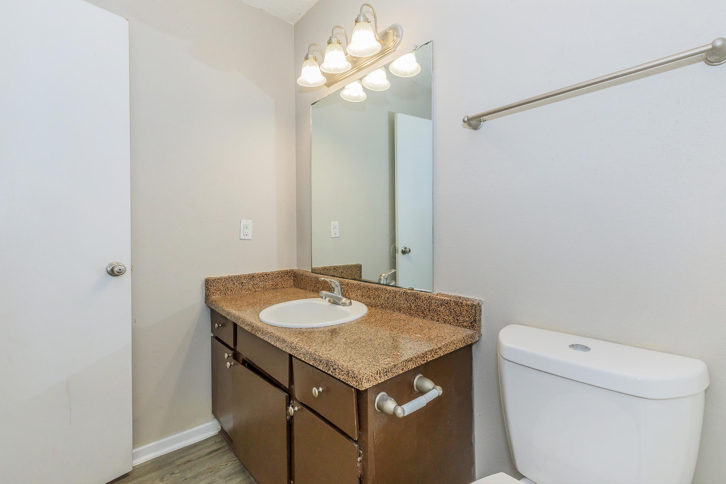 A bathroom with a granite countertop sink and mirror above. The sink is mounted on a dark wood cabinet. A white toilet is positioned against the wall, and there are light fixtures above the mirror. The walls are painted in a light neutral color, and a door is visible on the left.