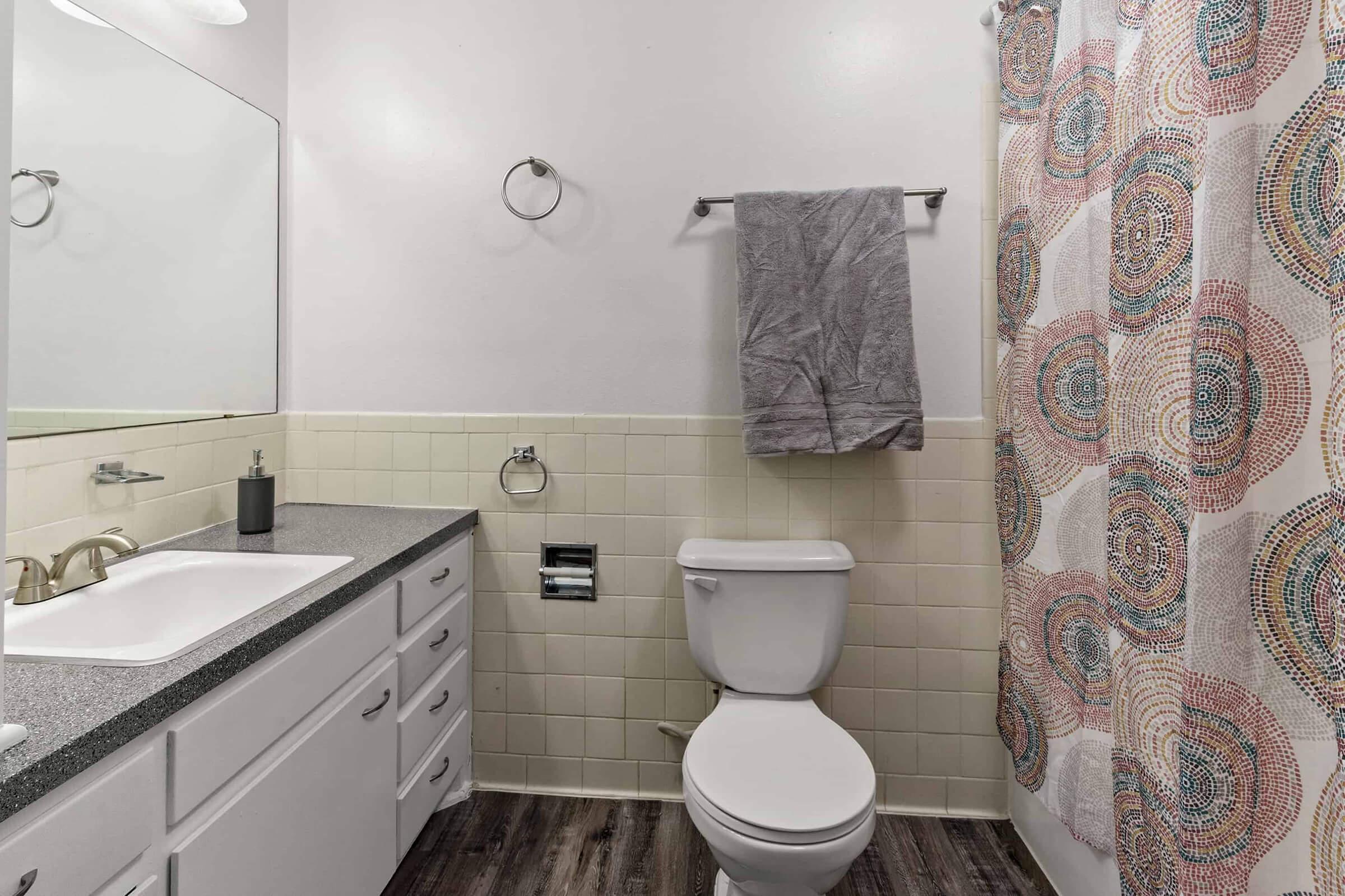 a shower that has a sink and a mirror