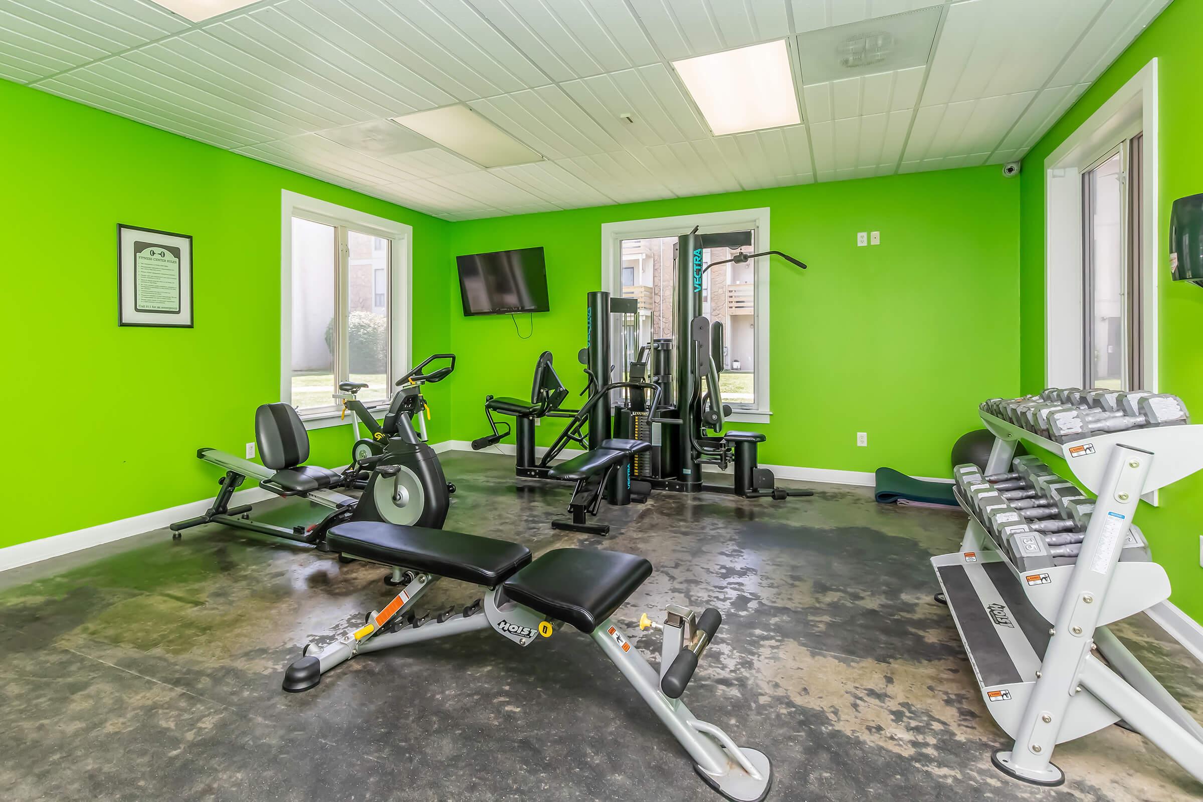 A bright green gym interior featuring various exercise equipment including a stationary bike, weight bench, strength machines, and a set of dumbbells on a rack. Large windows provide natural light, creating an inviting workout space.