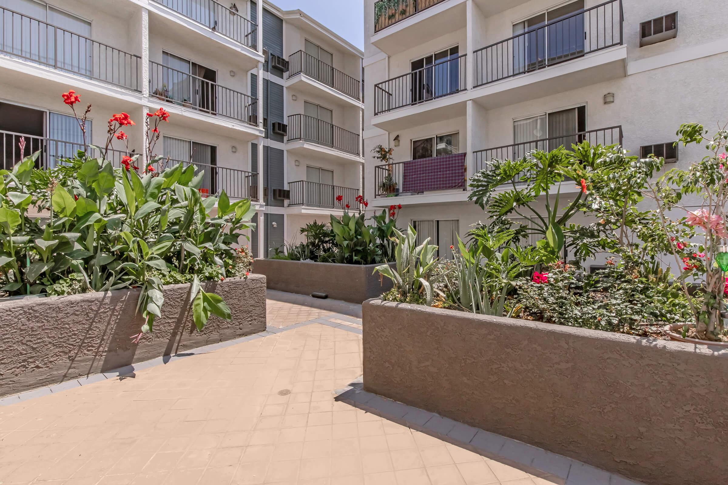 A courtyard featuring lush green plants and vibrant red flowers, surrounded by modern apartment balconies. The paved walkway leads through the garden area, creating a tranquil and inviting outdoor space within an apartment complex.