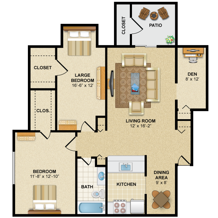 Floor plan image of Ambassador: 2BR 1BA (with Den)