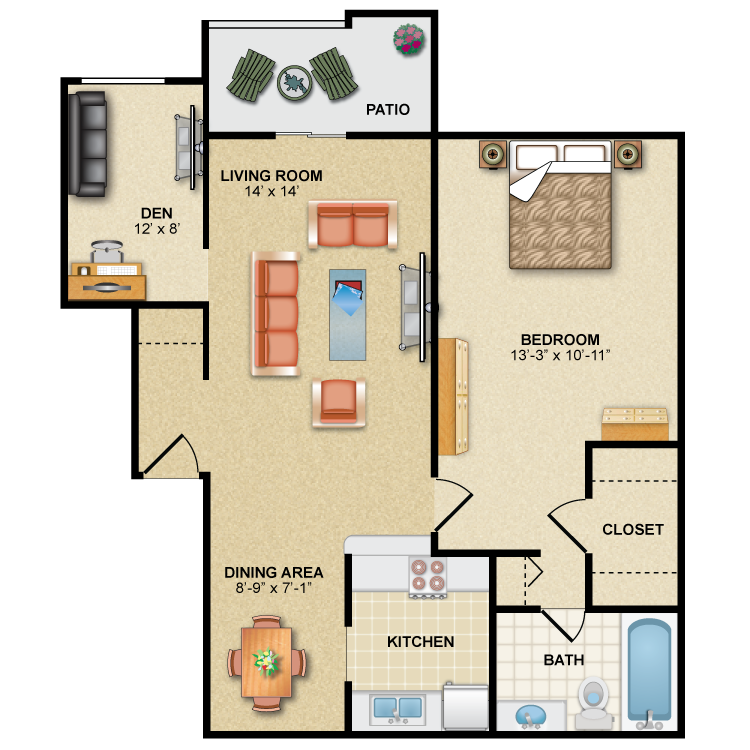 Floor plan image of Delegate: 1BR 1BA (w/ Den)