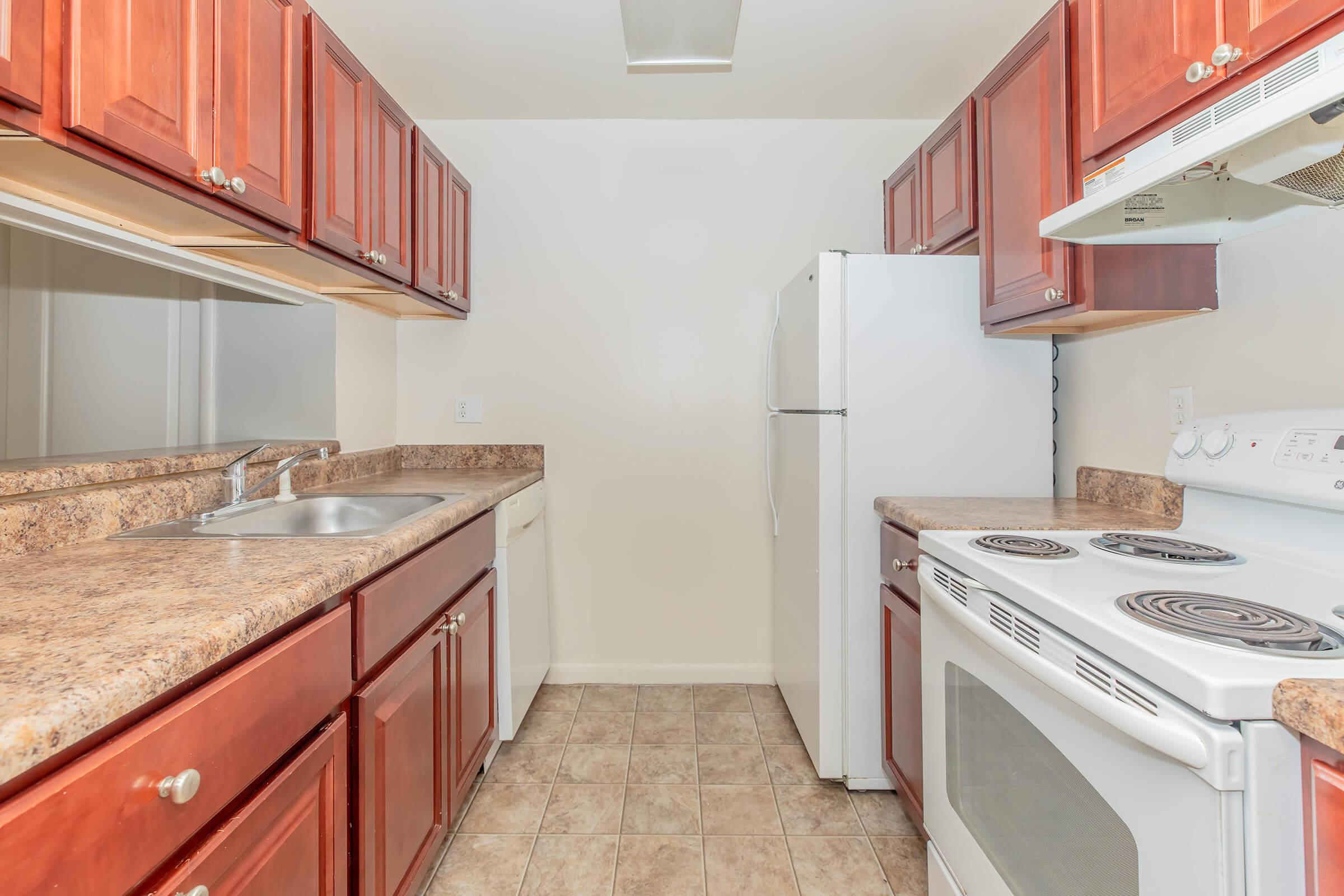 a kitchen with a stove sink and refrigerator