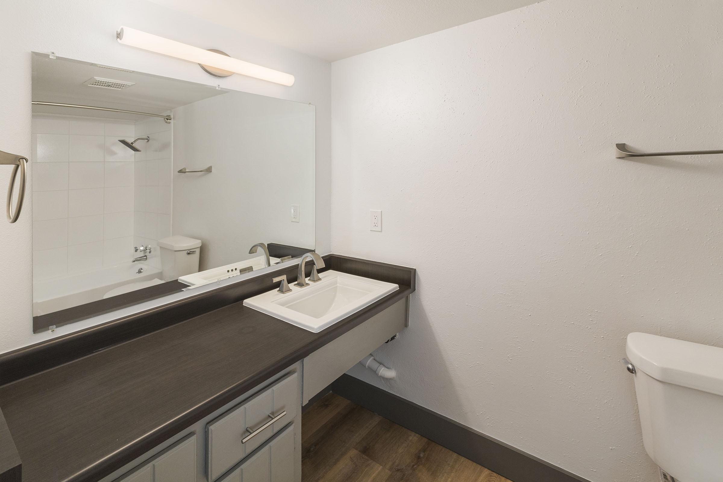 a white sink sitting under a mirror