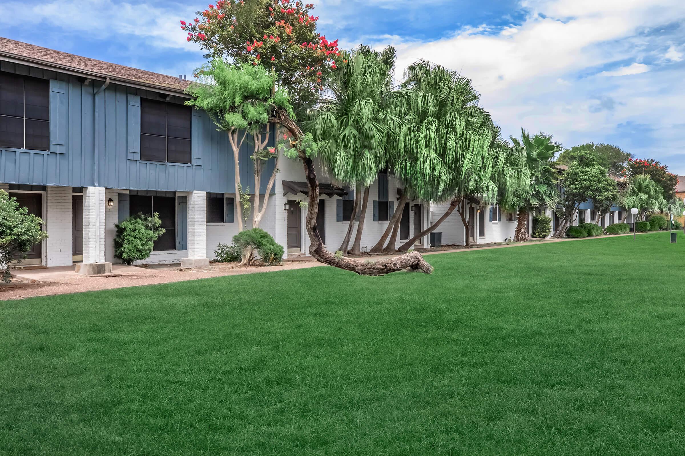 A well-maintained green lawn in front of a row of residential buildings. The landscape features a large, leaning palm tree and a variety of shrubs, under a clear blue sky with scattered clouds. The setting appears tranquil and inviting.