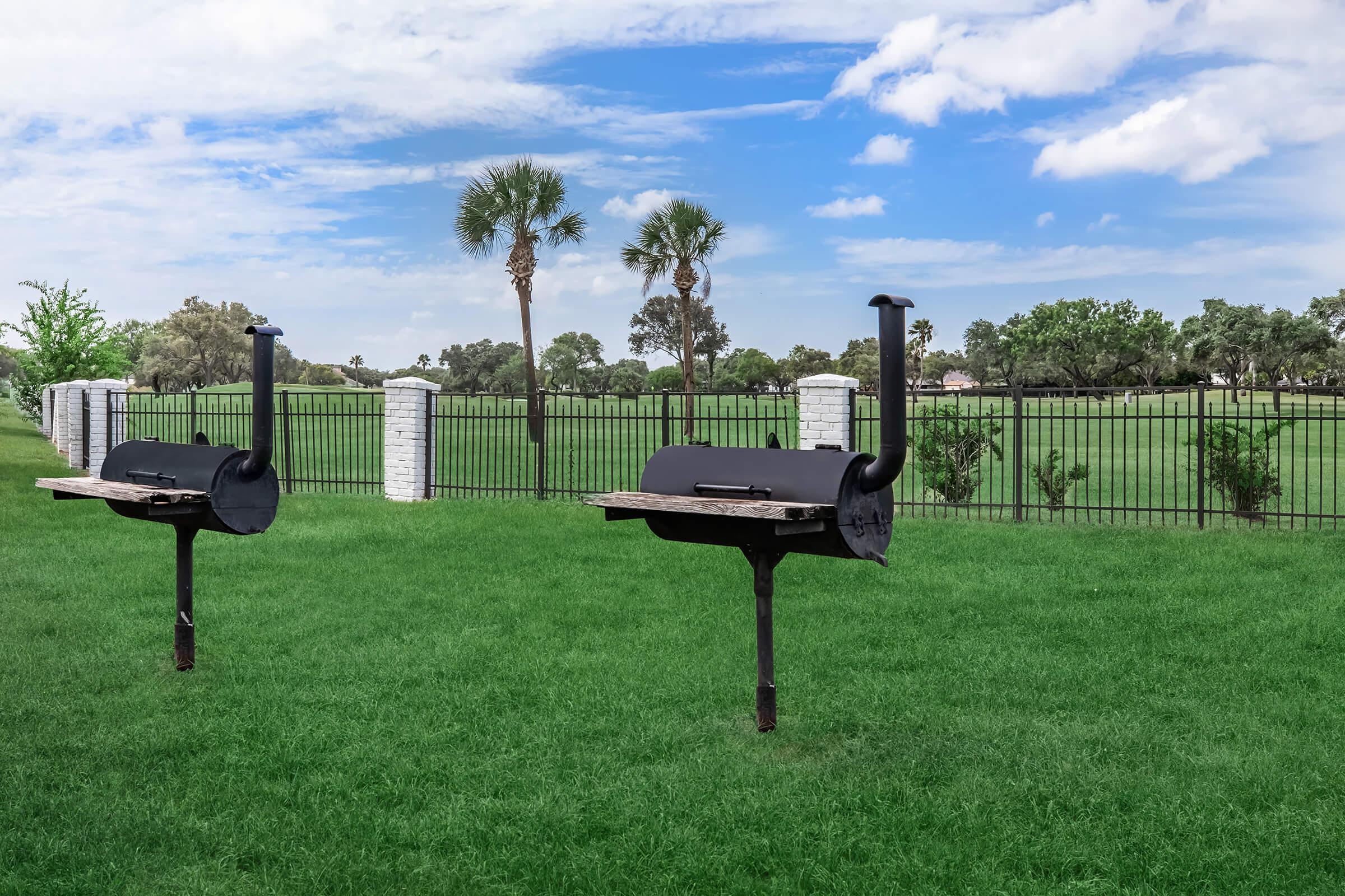 Two black outdoor grills placed on stands in a green grassy area, with a backdrop of palm trees and a fenced landscape under a blue sky with fluffy clouds.