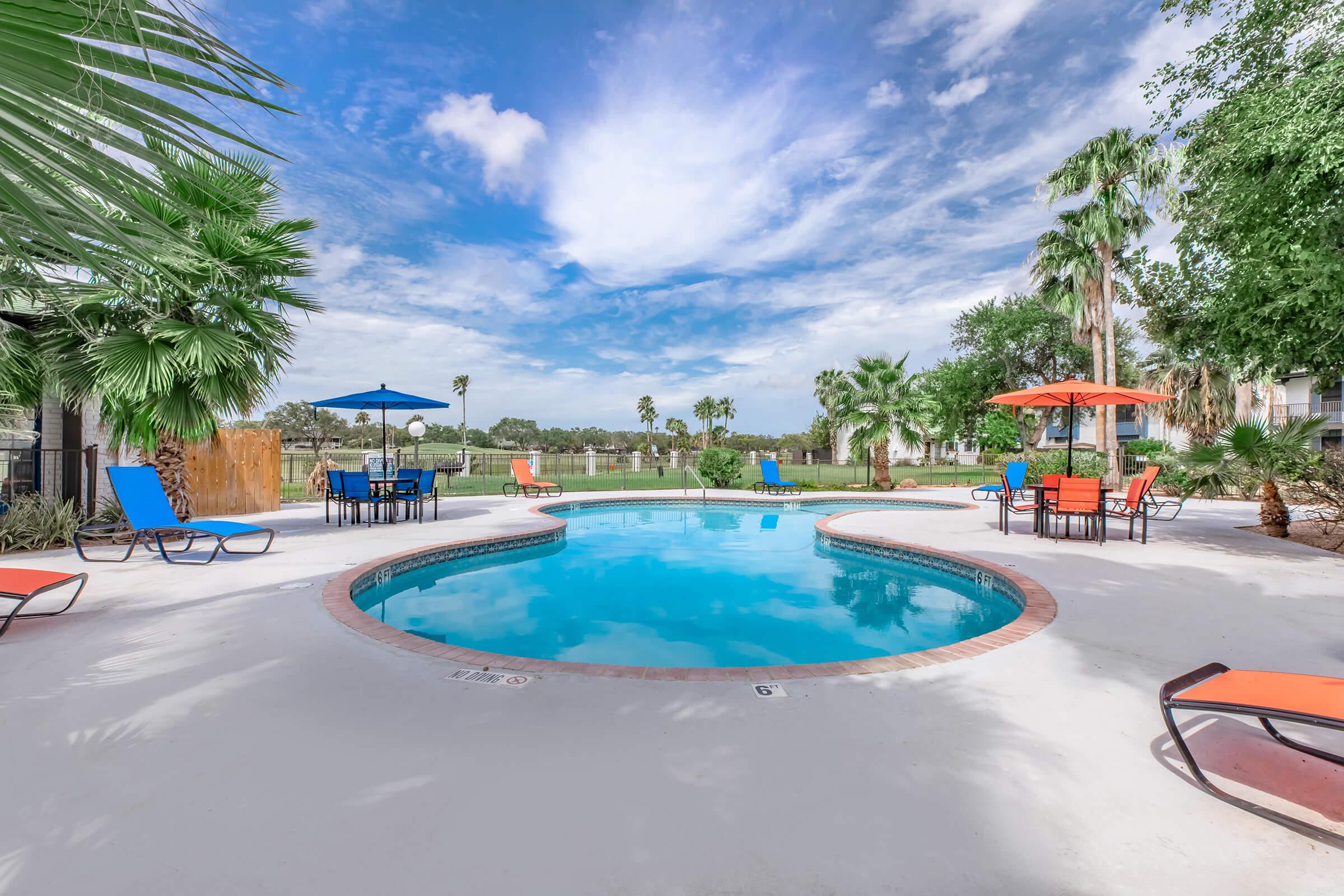 A clear blue swimming pool surrounded by lounge chairs and umbrellas, set against a backdrop of green palm trees and a blue sky with scattered clouds. The pool area has both shaded and sunny spots, creating a relaxing outdoor atmosphere.