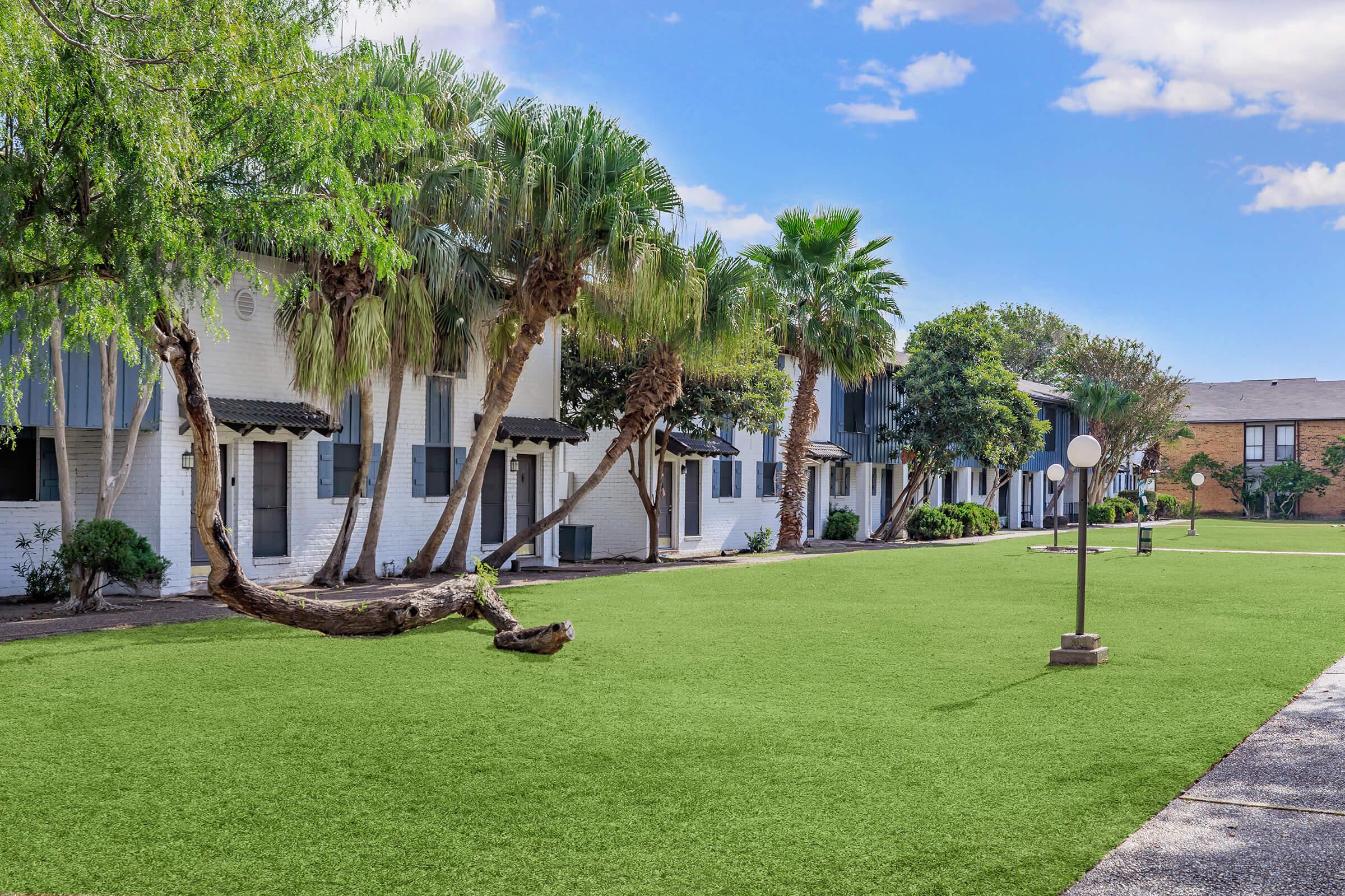 A well-maintained outdoor area featuring green artificial turf, palm trees, and landscaped shrubs. In the background, there are several residential buildings with a blue sky and scattered clouds above. The scene is inviting and adds to the aesthetic of the community.