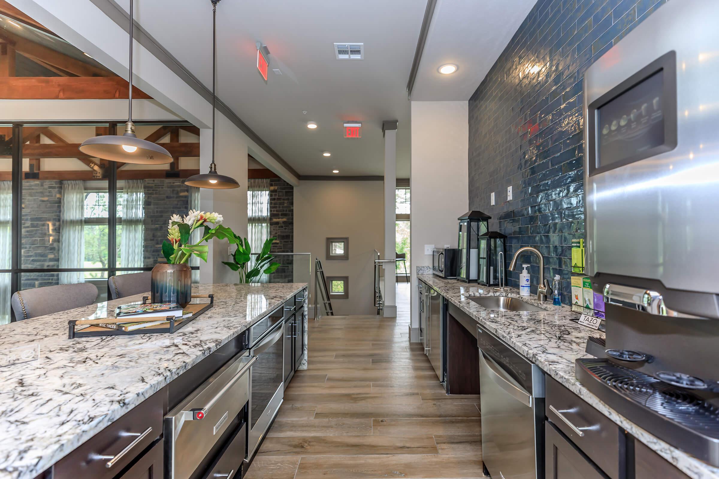 Luxury clubhouse kitchen with stainless steel appliances and