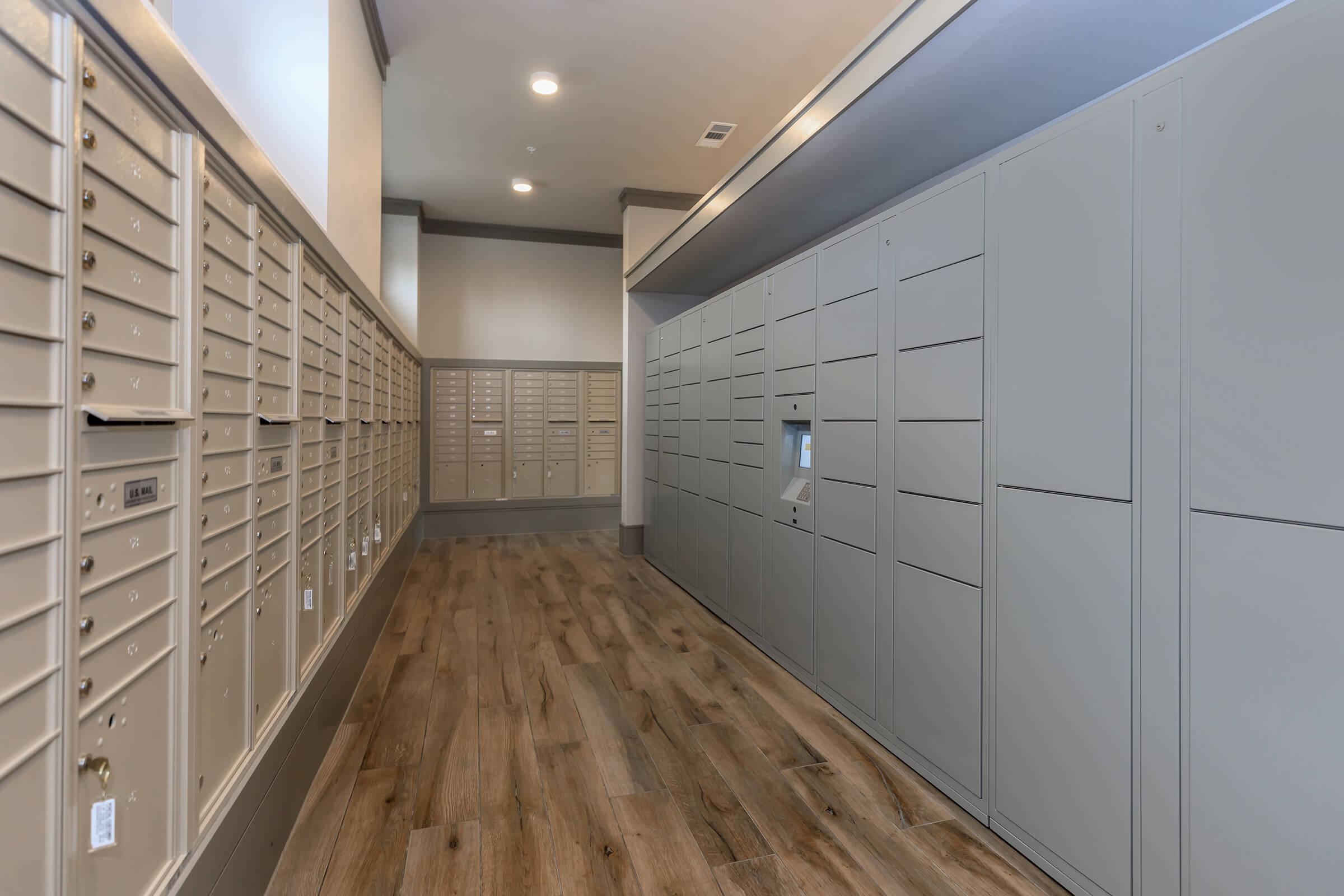 Mail room at Park at Tour 18 apartments with package lockers.