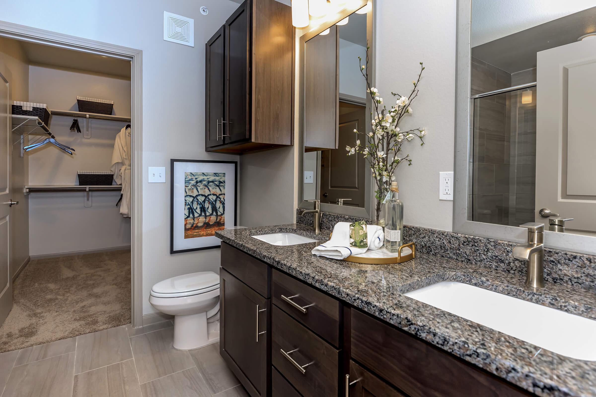 Modern bathroom with dual vanities, faux wood floors, large mirrors, and walk-in closet.