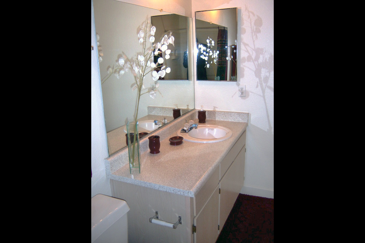 a white sink sitting under a mirror