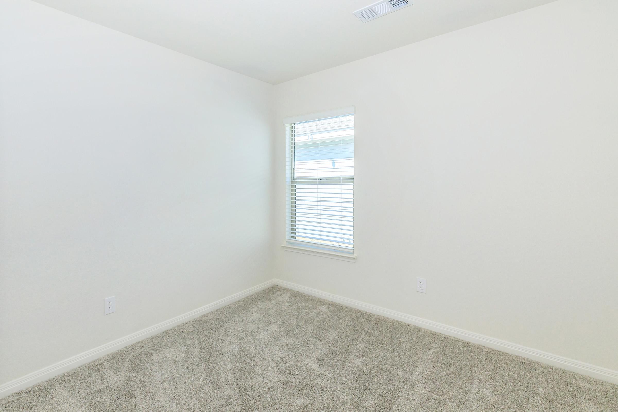 A spacious, empty room with light-colored walls and carpet. A window with blinds allows natural light to enter, illuminating the neutral space. The room has no furniture, creating a minimalist feel, ideal for customization or use as a bedroom or office.