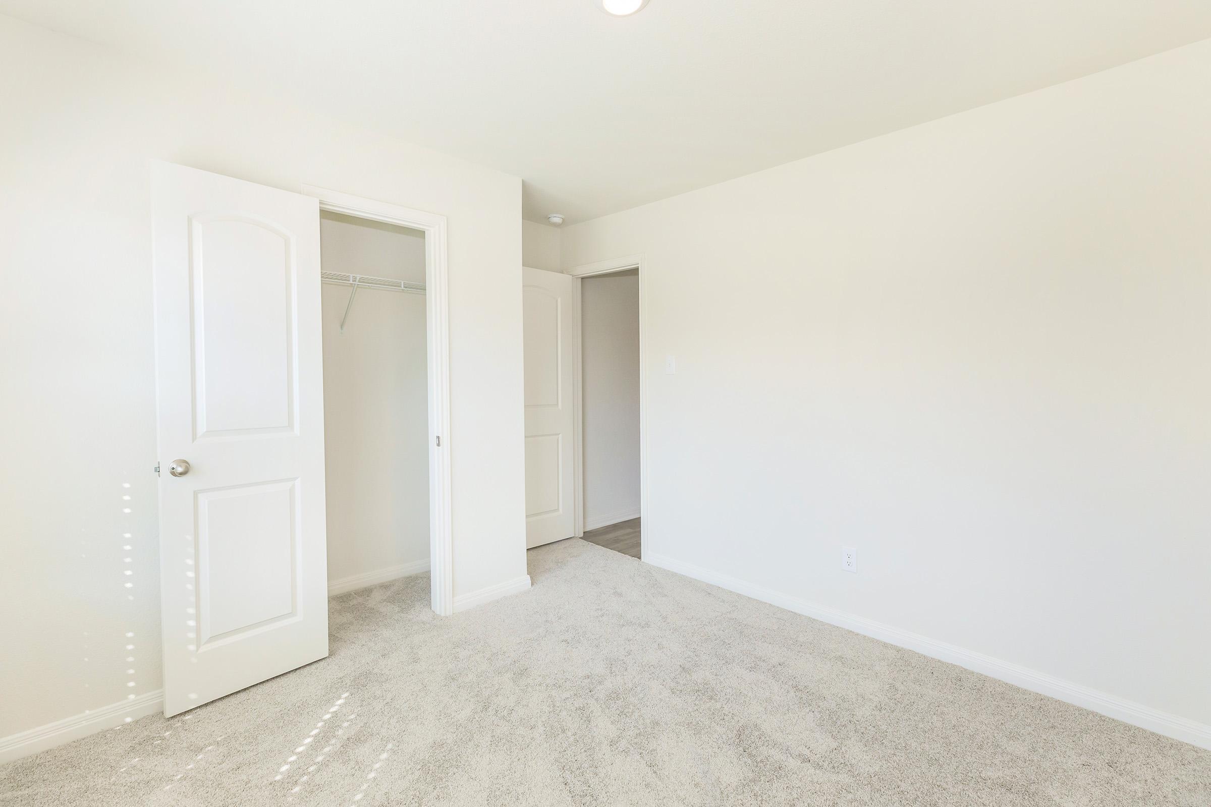 A bright, empty room featuring light-colored walls, plush beige carpet, and two white doors leading to small closets. Natural light comes through a window, illuminating the space. The room has a minimalist design, making it suitable for various purposes.