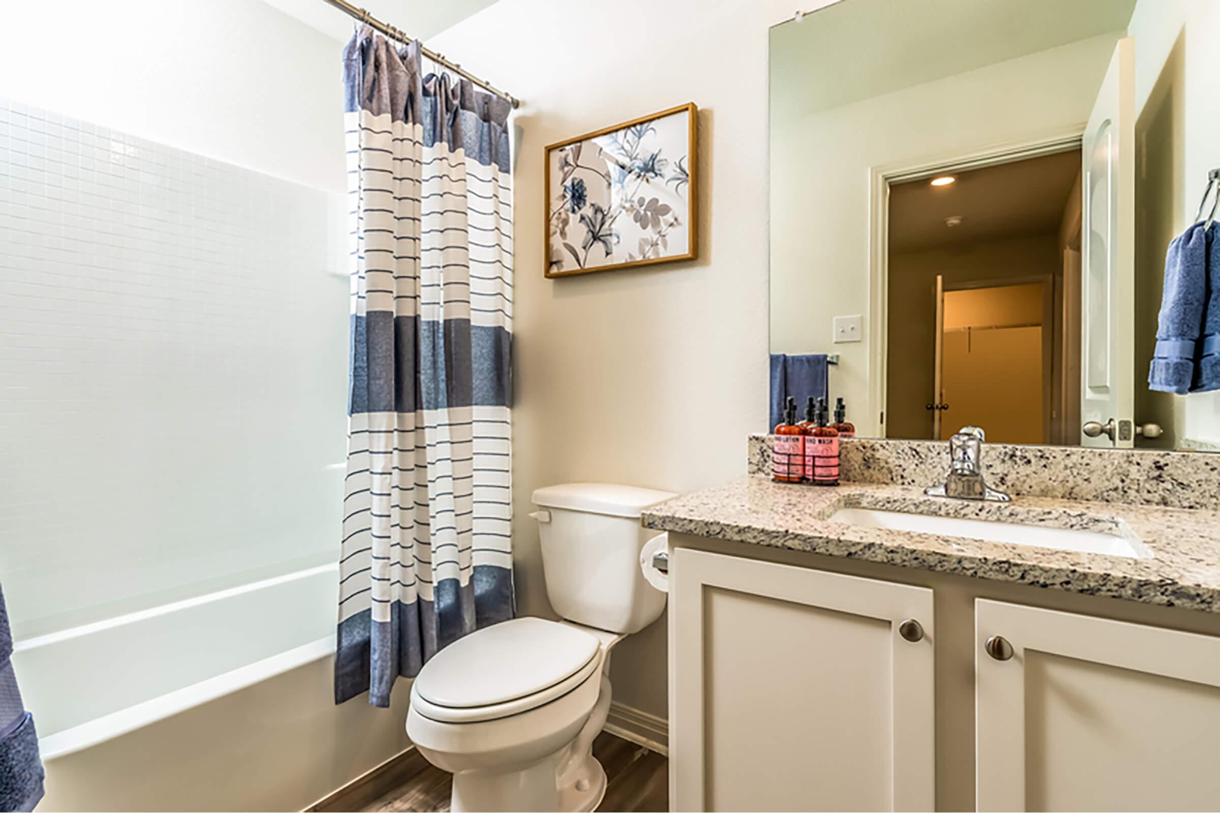 A modern bathroom featuring a bathtub with a shower curtain, a white toilet, and a granite countertop with a sink. There are toiletries on the counter and a framed floral picture on the wall. The decor includes blue and white elements, creating a clean and inviting atmosphere.