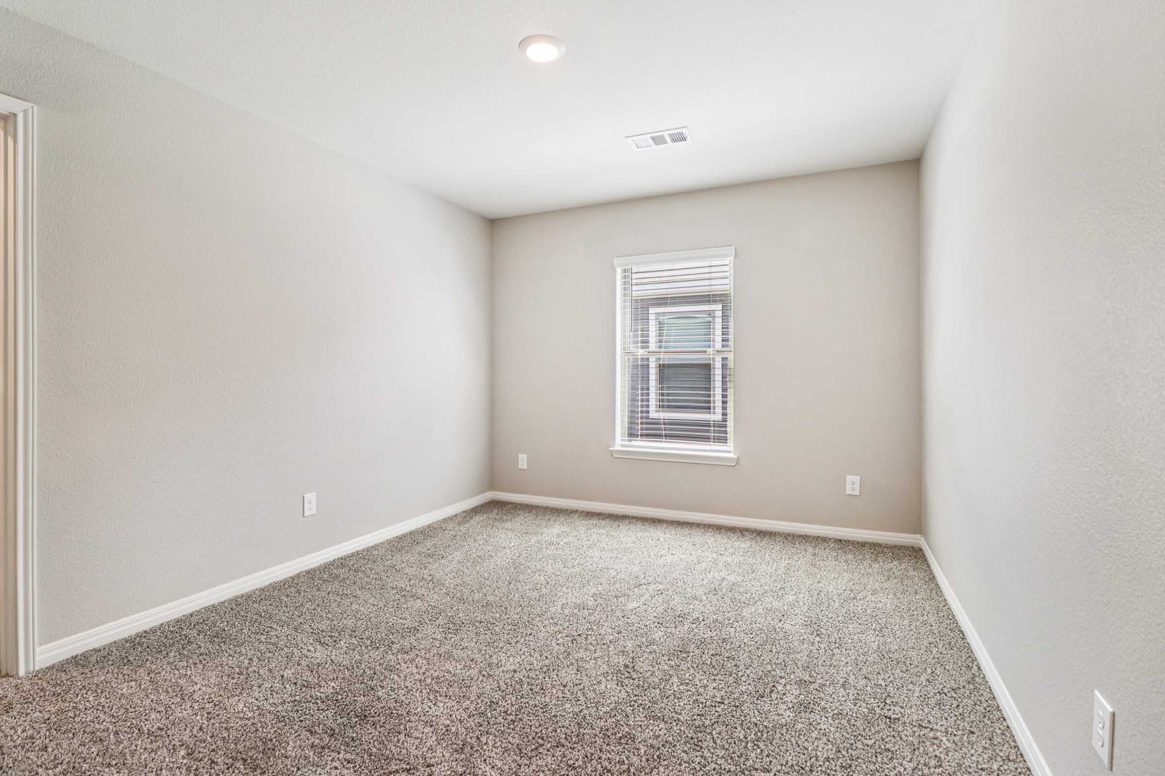 Empty room with light gray walls and a carpeted floor. A single window allows natural light to enter. The space is clean and uncluttered, featuring a ceiling light fixture and no visible furniture.