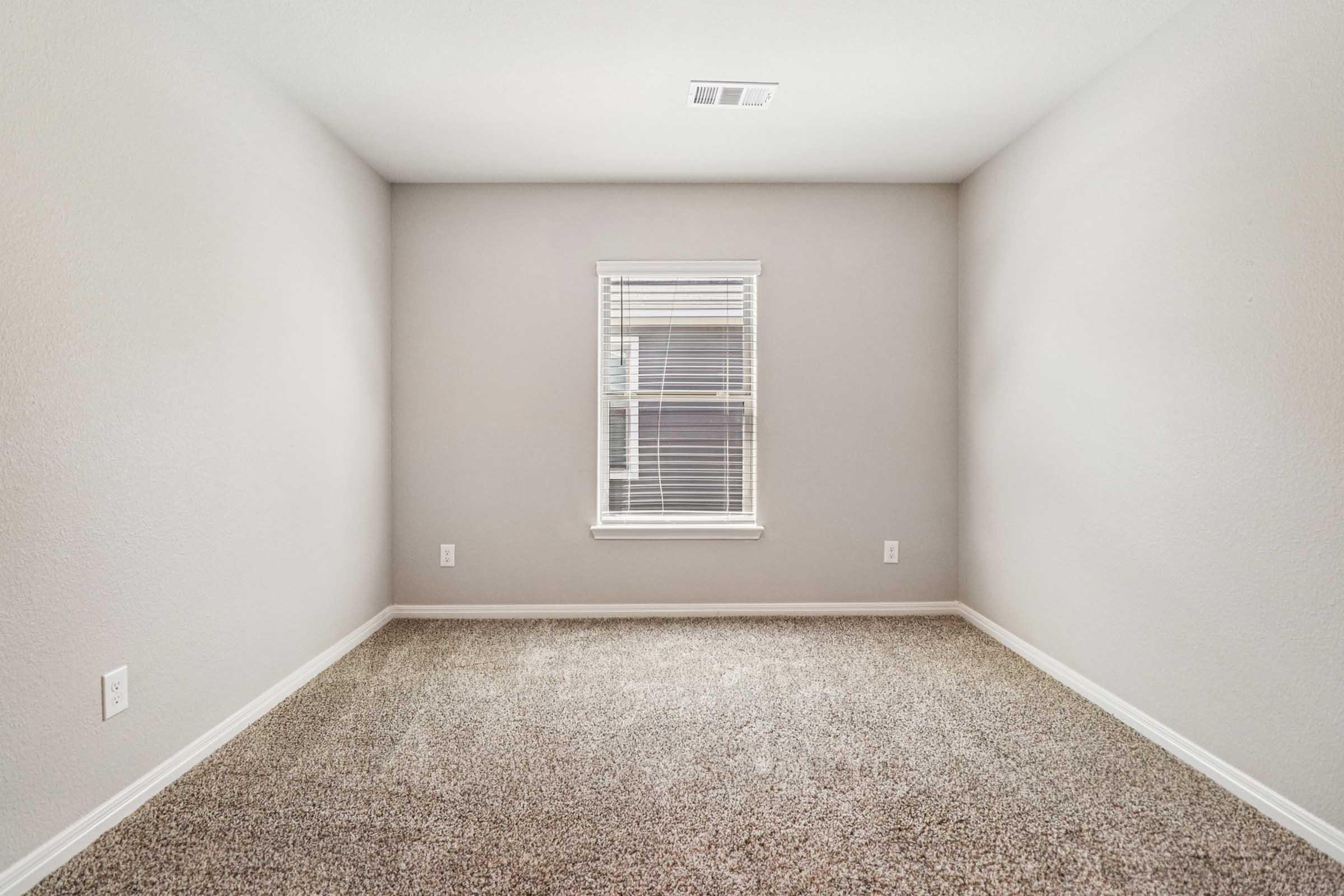 Empty room with light gray walls and carpeted flooring. A single window with white blinds allows natural light to enter. The space is minimalistic and unfurnished, focusing on the clean lines and neutral colors.