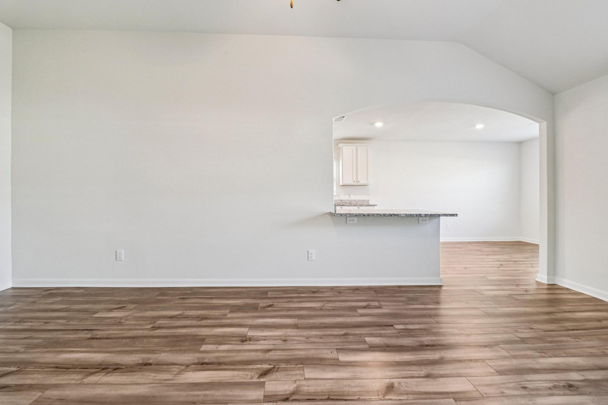 Empty interior space featuring light-colored walls and wood-style flooring. An archway leads to a kitchen area with white cabinetry and a granite countertop. The room is well-lit with natural light, creating a spacious and inviting atmosphere.