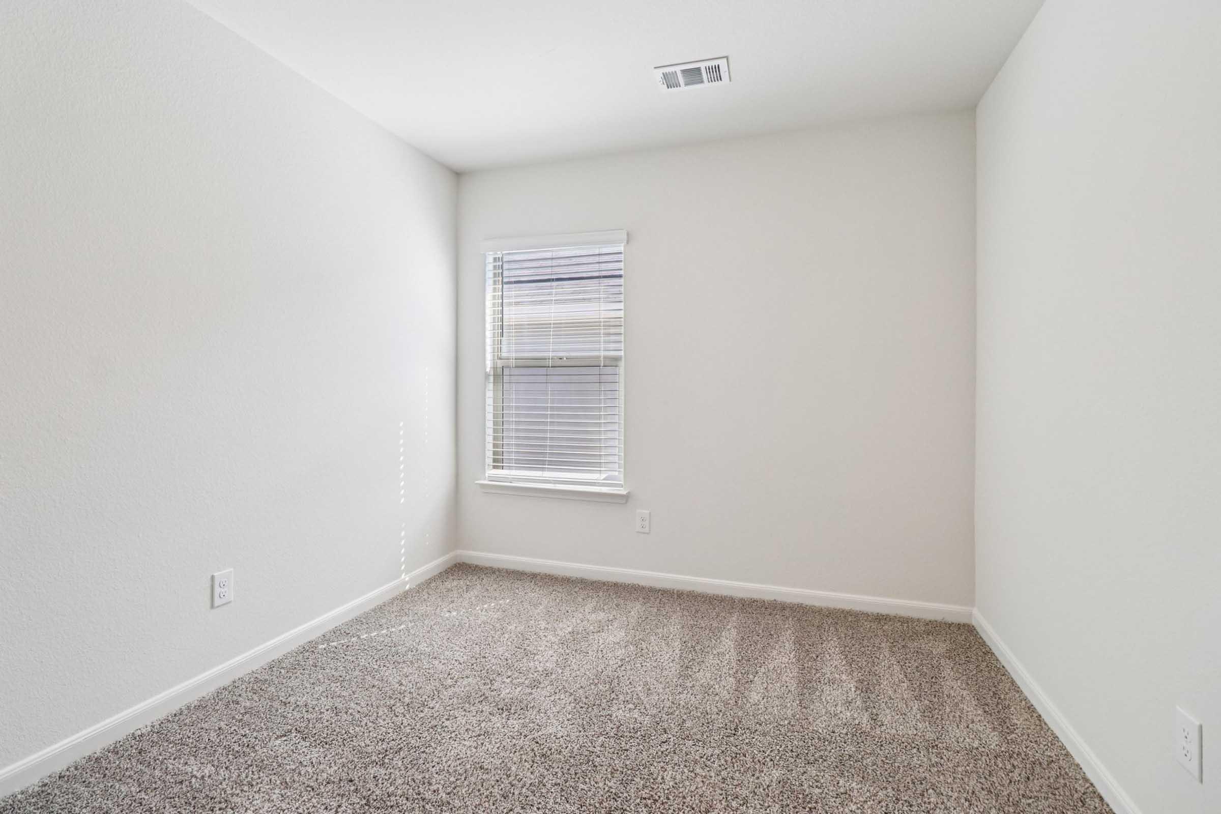Empty room with light-colored walls and carpet. A single window with blinds allows natural light in, illuminating the space. The floor is covered in soft, gray carpet, creating a cozy atmosphere. The room is uncluttered, providing a blank canvas for decoration and furnishing.