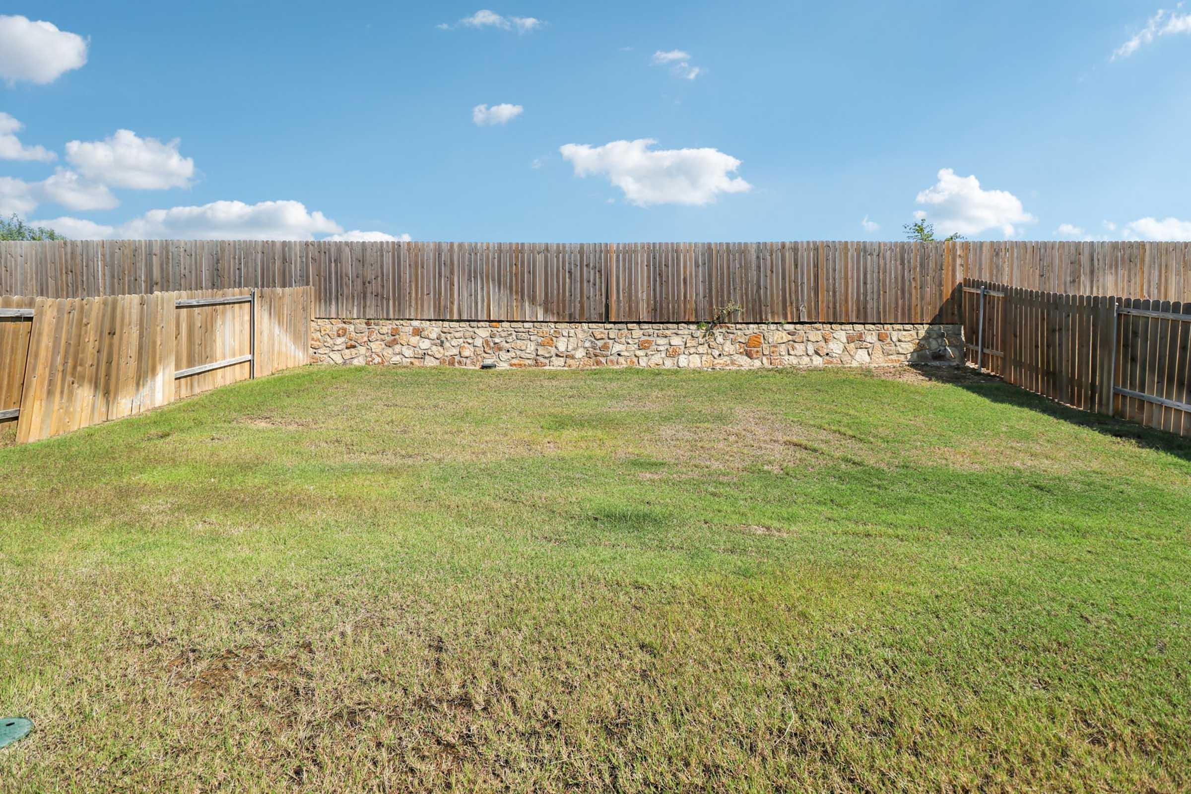 A spacious, grassy backyard surrounded by wooden fencing and a stone wall. The sky is blue with a few clouds, creating a sunny atmosphere. The lawn appears well-maintained, with some areas showing slight variations in grass color.