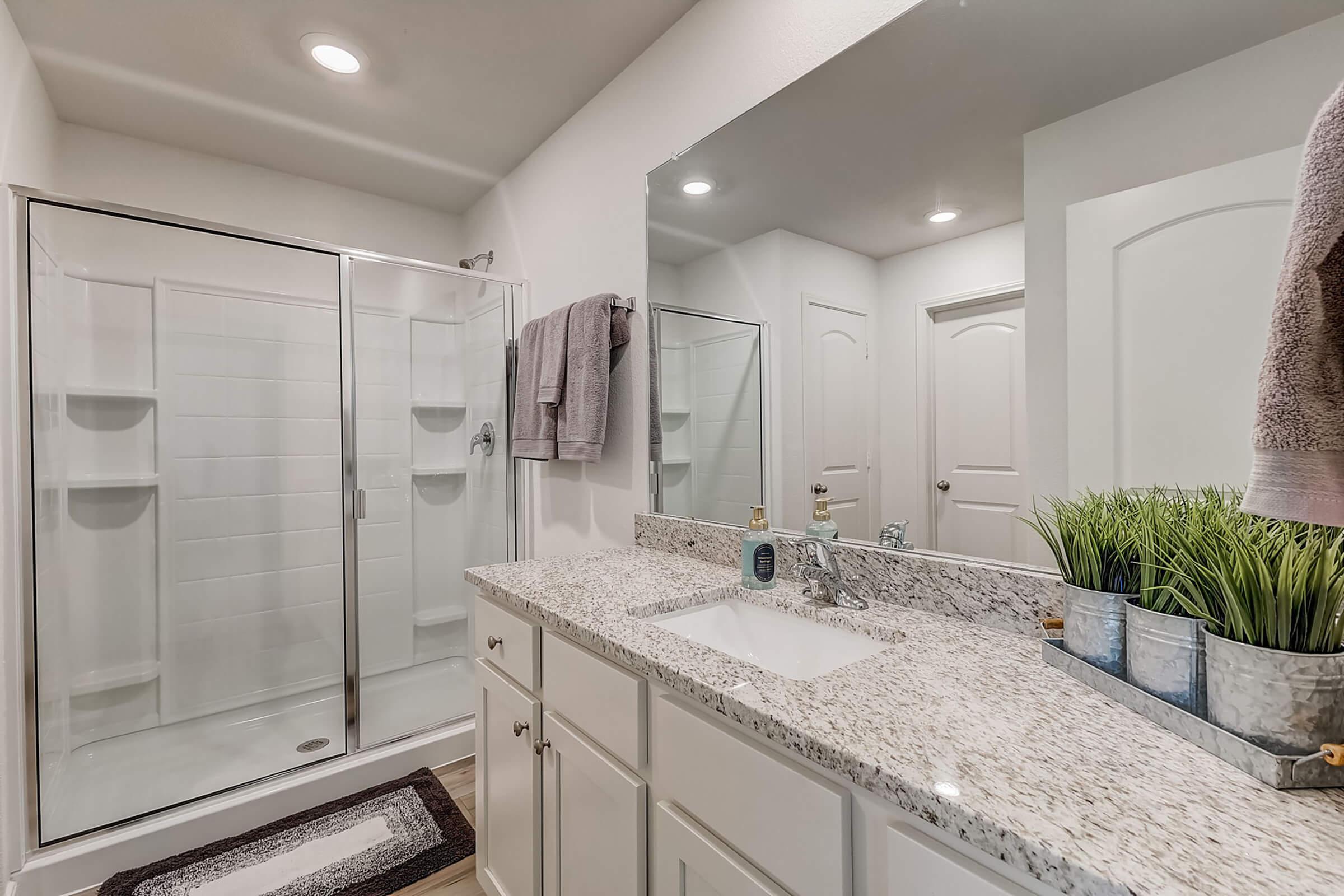 A modern bathroom featuring a glass shower, a double sink with a granite countertop, and decorative plants. The space includes white cabinetry, neutral-colored walls, and bright lighting, creating a clean and inviting atmosphere. Towels are neatly hung on a rack nearby.