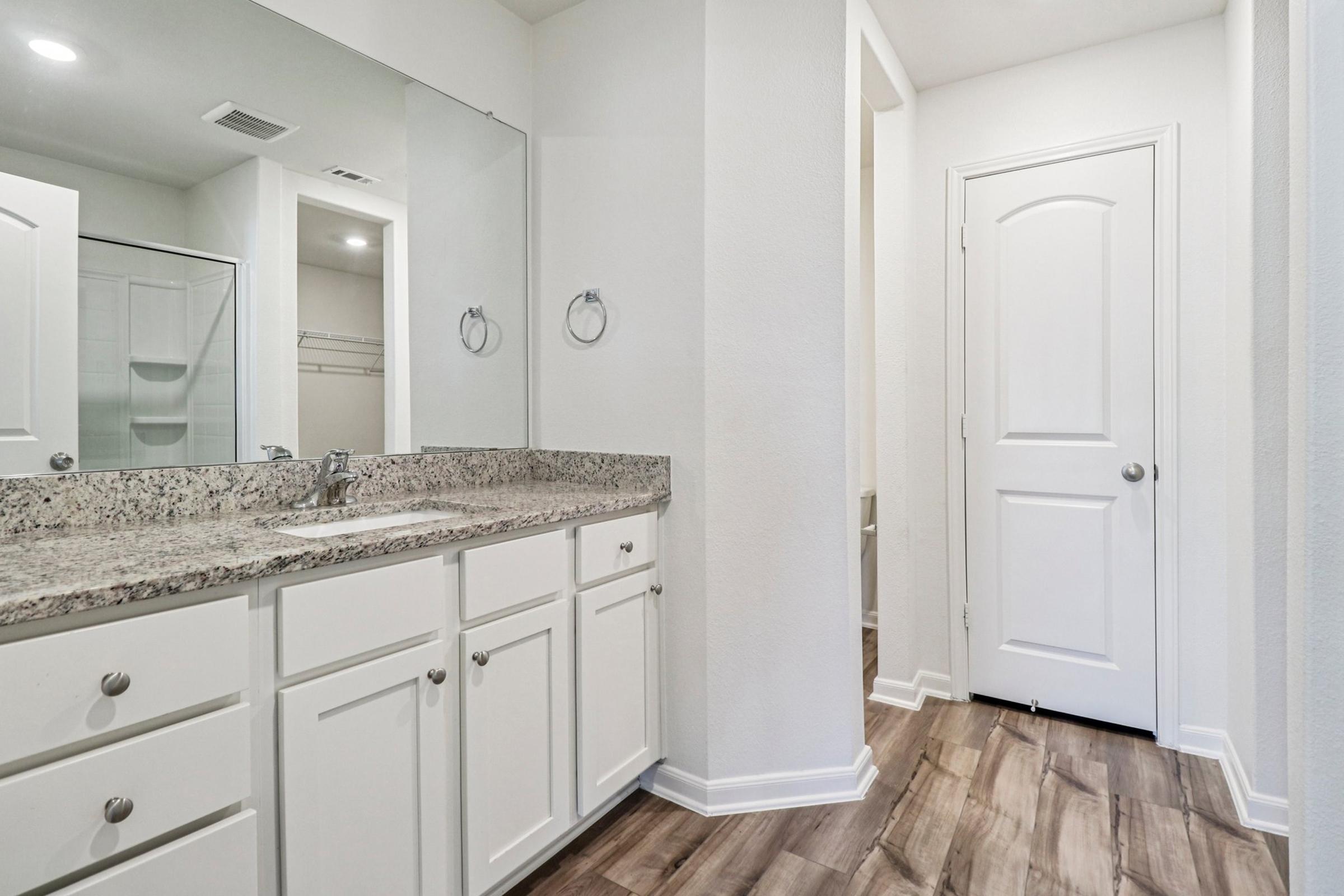 A modern bathroom featuring a double sink vanity with a granite countertop, white cabinetry, and large mirror. There is a shower area visible, and a door leading to another room. The floor is made of wood-like tiles, creating a warm and contemporary atmosphere. The walls are painted in a light color.