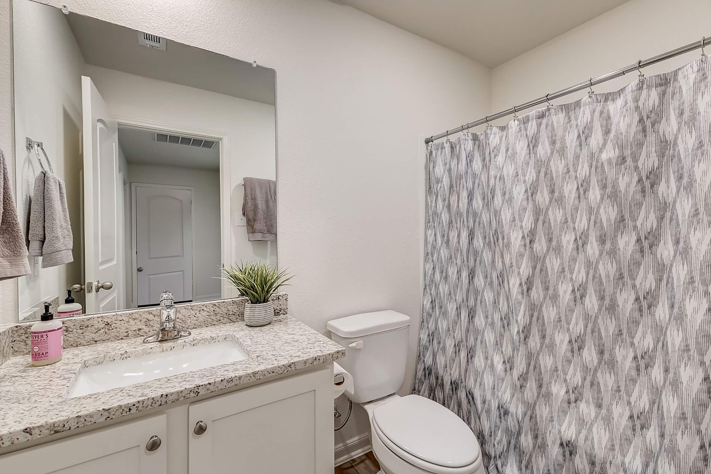 A modern bathroom featuring a white countertop with a sink, a mirror above it, and a shower with a patterned gray curtain. There are hand towels hanging, a small potted plant on the counter, and a pink soap dispenser. The wall is painted in a light color, adding to the clean, minimalist look.