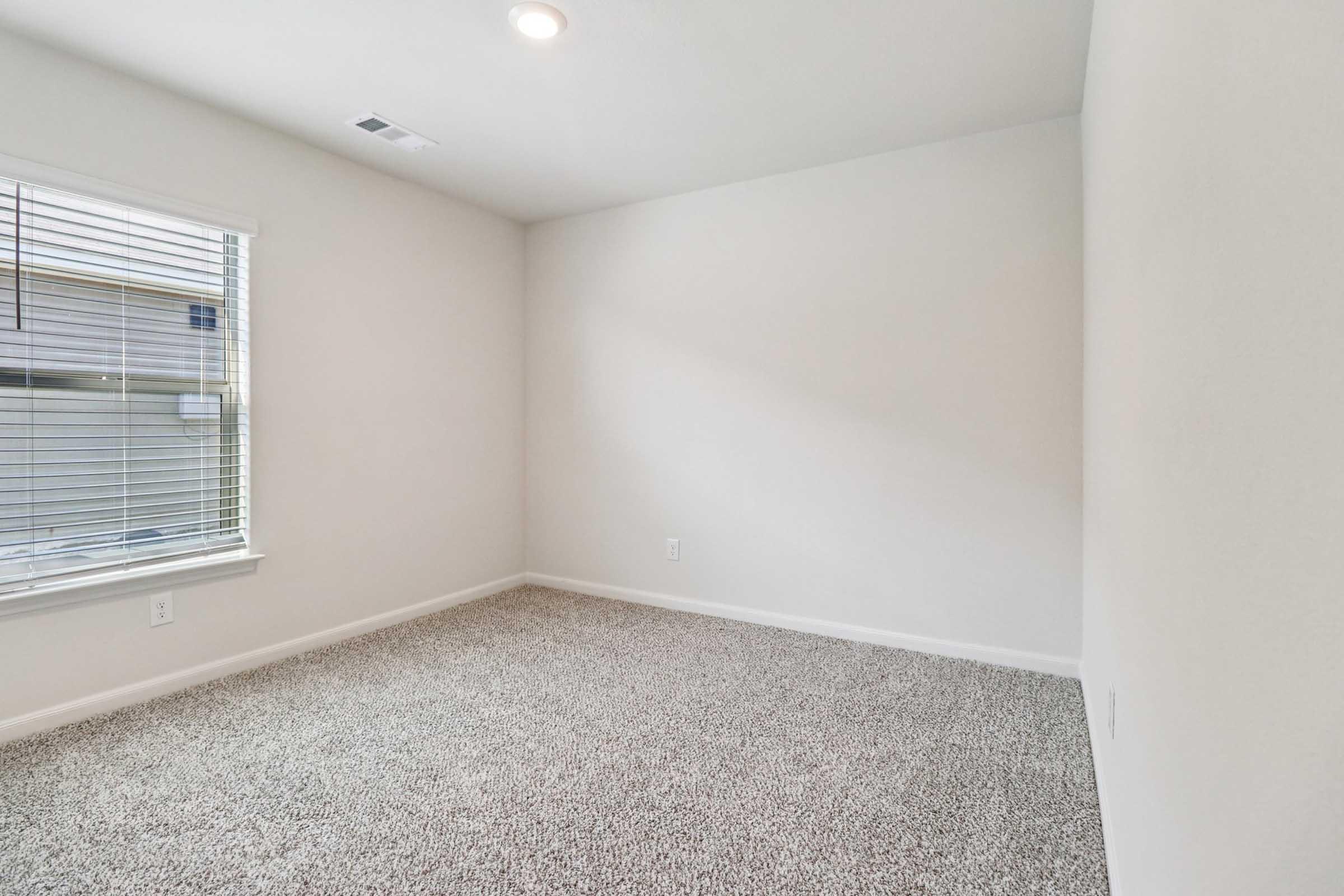 A blank, unfurnished room with light-colored walls and beige carpet. Natural light enters through a window with blinds. The space appears clean and minimalistic, suitable for various uses.