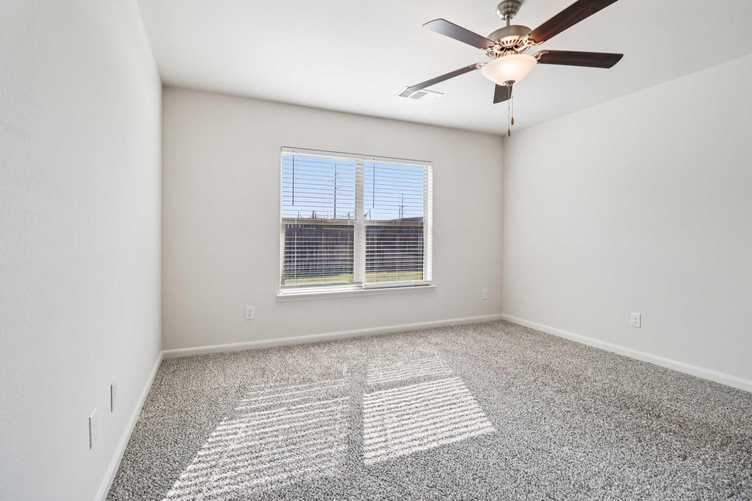 A bright, empty room with light-colored walls and a ceiling fan. The floor is covered in plush carpet, and a large window lets in natural light, casting shadows on the floor. Outside the window, a view of grassy ground is visible.