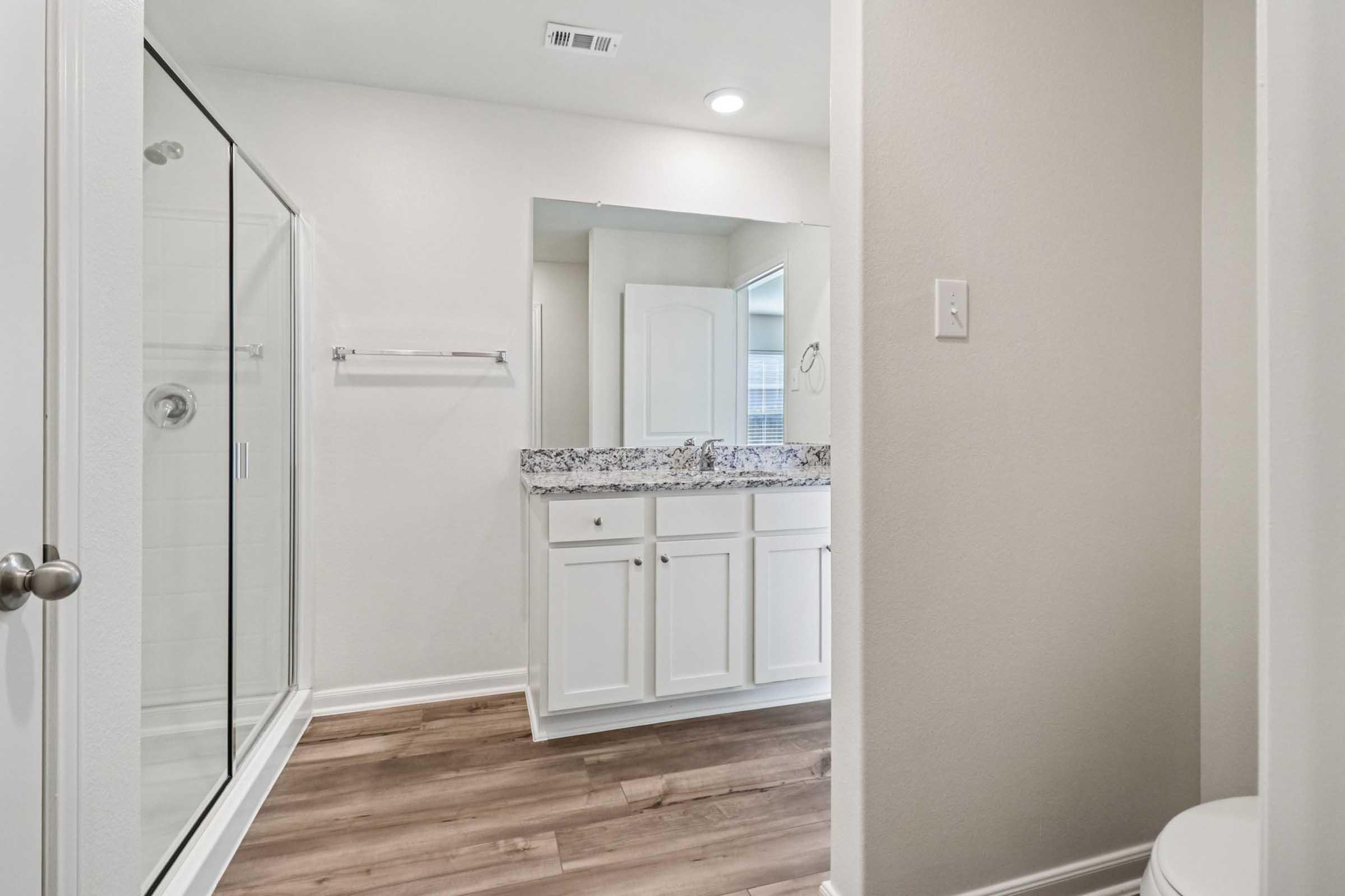A modern bathroom featuring a walk-in shower with a glass door, a single vanity with a granite countertop and white cabinetry, and a toilet. The space has light-colored walls and natural wood flooring, providing a bright and clean aesthetic.