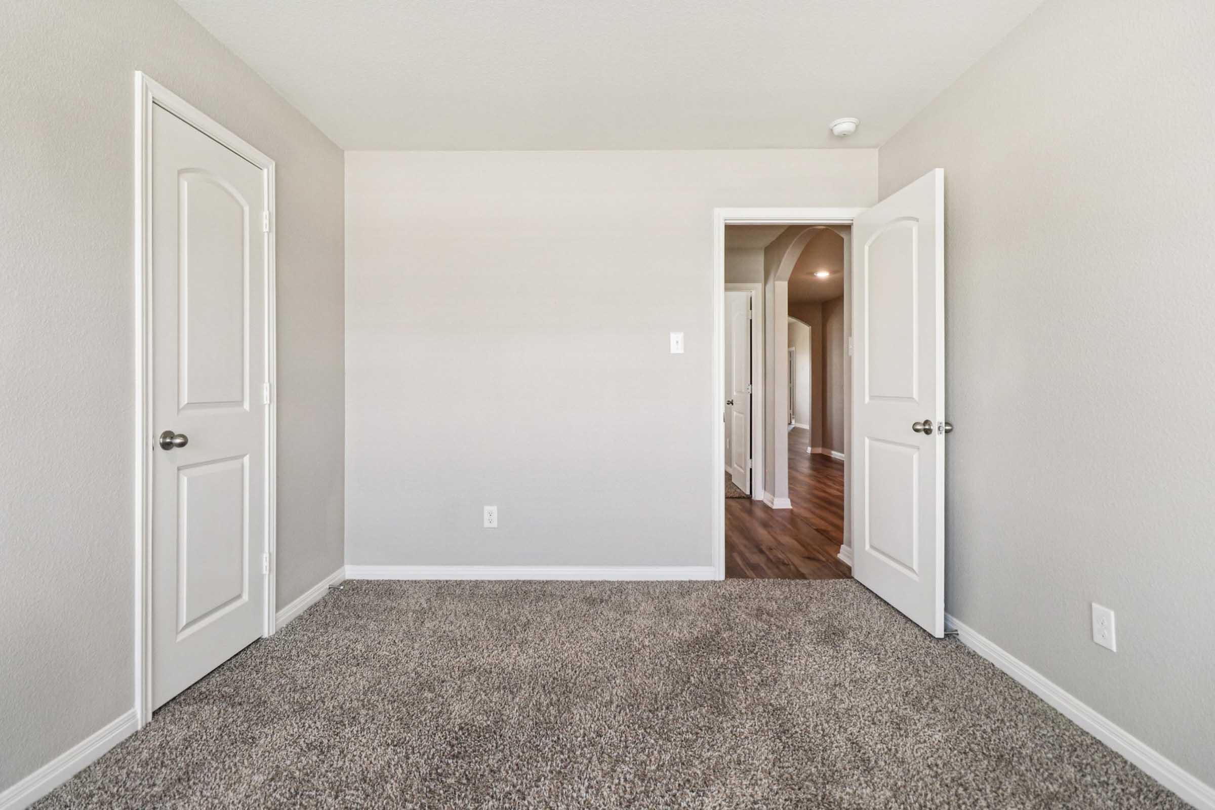 A spacious, empty room with light gray walls and plush carpet. Two white doors are visible: one leading to another room and the other a closet. The room is well-lit, creating a clean and inviting atmosphere, suitable for various purposes like a bedroom or office.