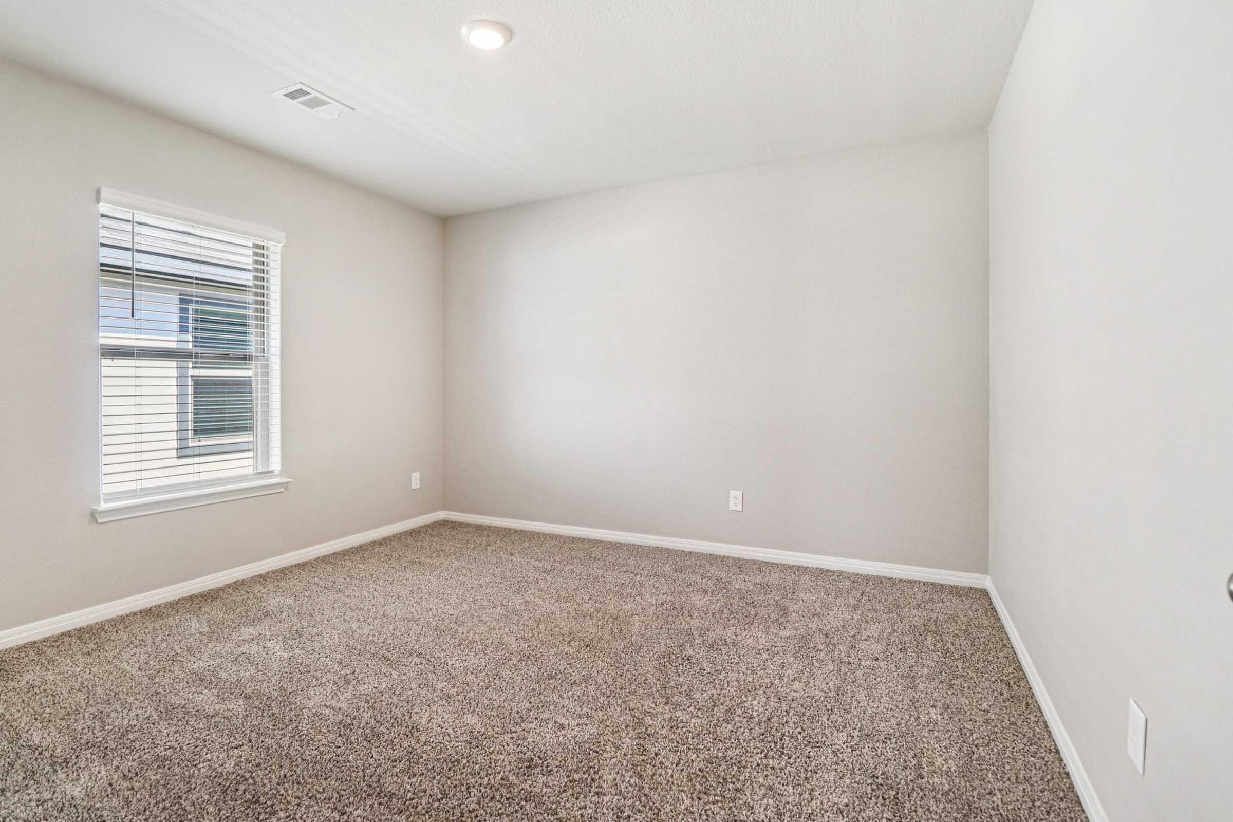A clean, empty room with light gray walls and carpeted flooring. There is a window with white blinds on the left side, allowing natural light to fill the space. The room has a simple ceiling light fixture, creating a bright atmosphere, and is ready for furnishing or decoration.