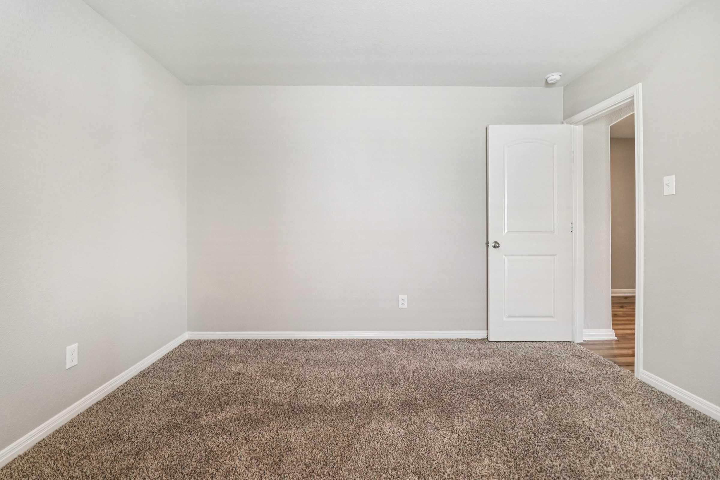 Empty room with light-colored walls and a carpeted floor. A closed door is visible on the left side, leading into another space, while an open doorway is seen in the background. The room appears bright and spacious, with no furniture or decorations.