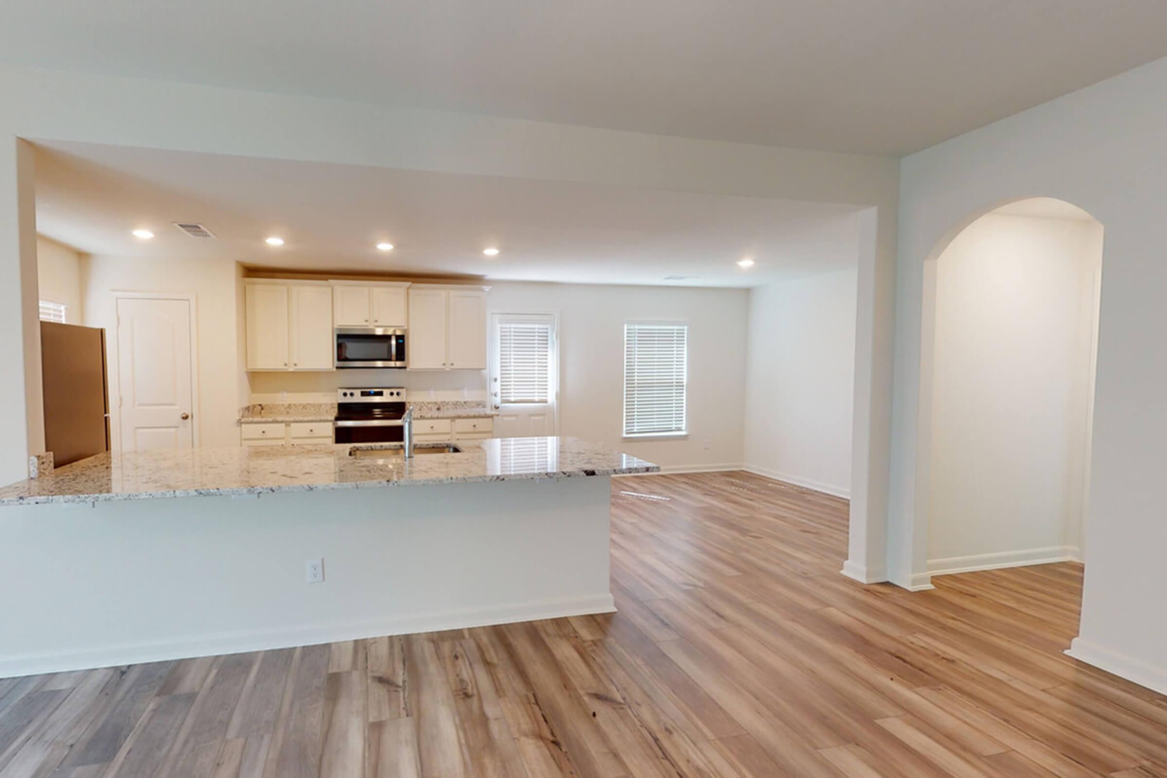 Modern open-concept kitchen and living area featuring light wooden floors, granite countertops, stainless steel appliances, and ample natural light from large windows. An archway leads to a hallway, enhancing the spacious feel of the home.