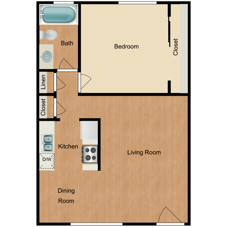1 Bed 1 Bath, a 1 bedroom 1 bathroom floor plan.