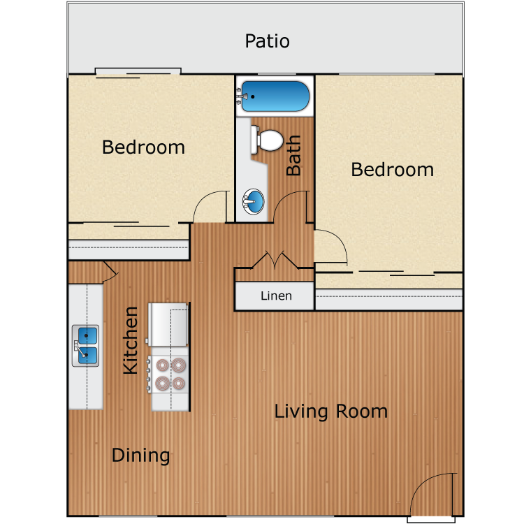 2 Bed 1 Bath A, a 2 bedroom 1 bathroom floor plan.