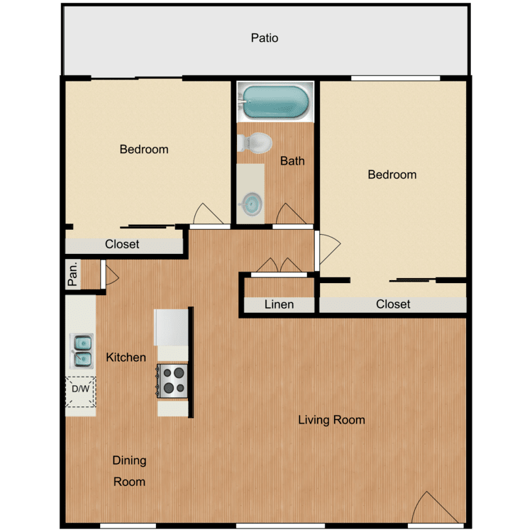 2 Bed 1 Bath A, a 2 bedroom 1 bathroom floor plan.