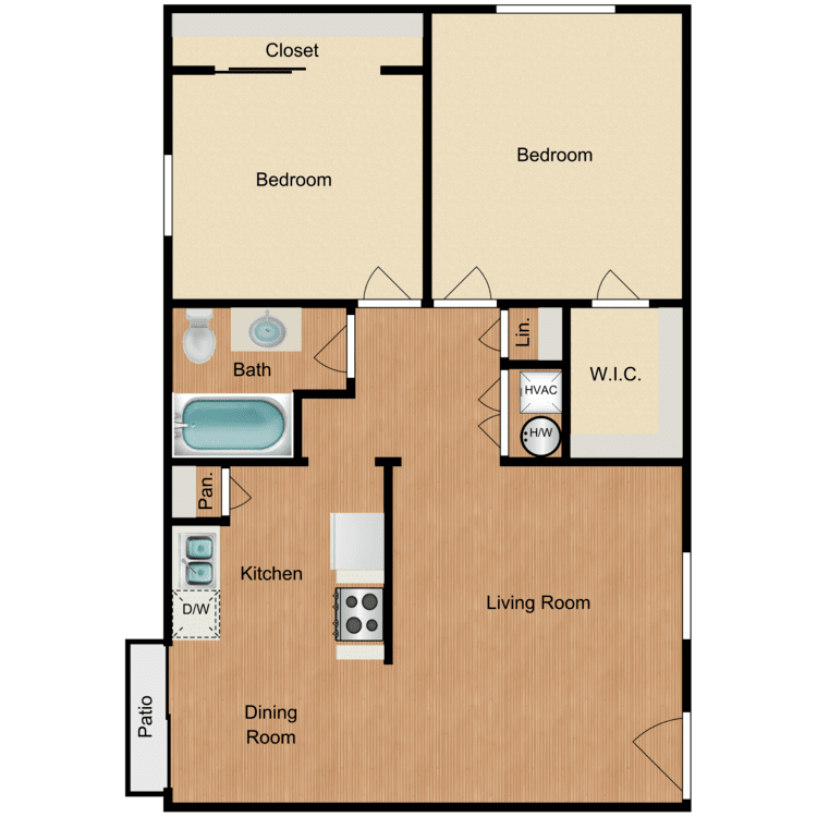 2 Bed 1 Bath B, a 2 bedroom 1 bathroom floor plan.