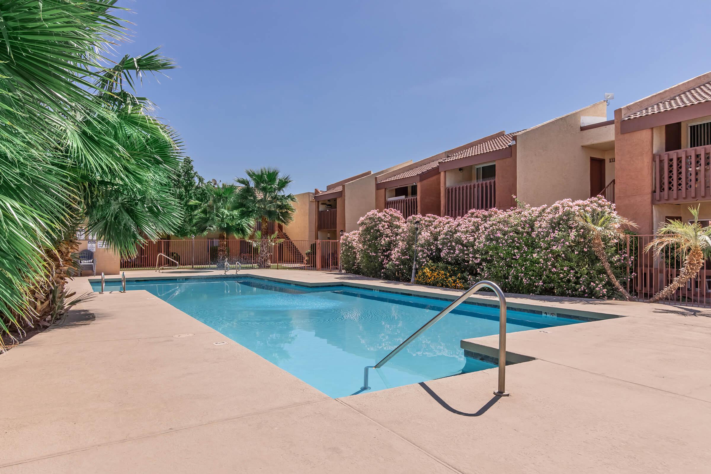 A calm swimming pool surrounded by palm trees and blooming flowers, set against a backdrop of residential buildings under a clear blue sky. The area is inviting and well-maintained, perfect for relaxation and enjoyment.