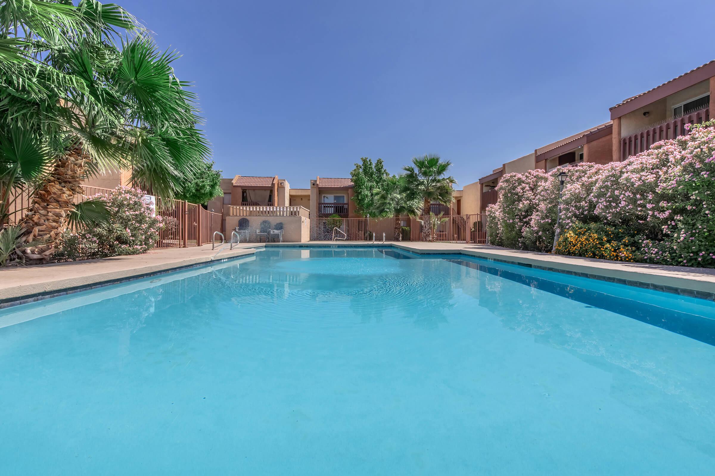 A clear blue swimming pool surrounded by lush palm trees and colorful blooming flowers. The pool area is flanked by residential buildings with a sunny sky overhead, creating a serene and inviting atmosphere for relaxation and leisure.