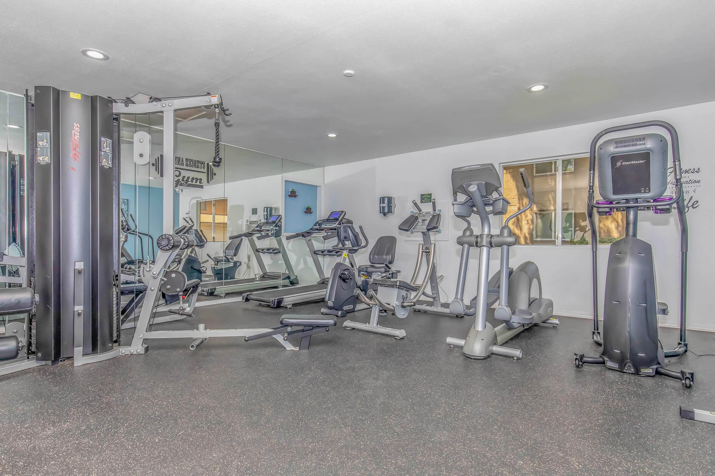 Lancaster, CA Apartments - Sienna Heights - Fitness Center with a Cable Machine, Mirrored Walls, and Modern Machines