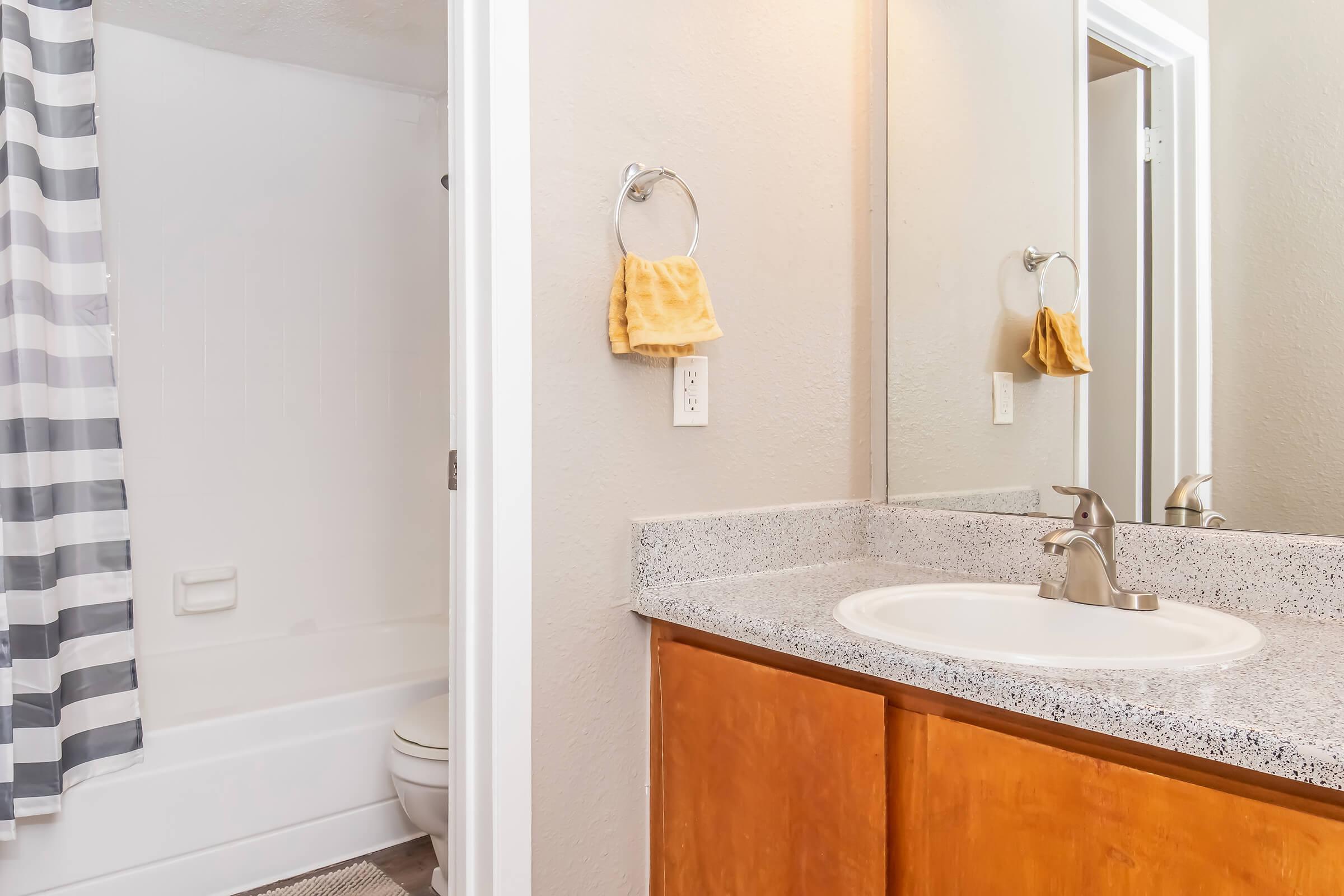 A bathroom featuring a light-colored countertop with a sink, wooden cabinetry, and a towel holder. The shower area is visible with a gray and white striped curtain, and a toilet is partially in view. The walls are painted a neutral shade, contributing to a clean and modern look.