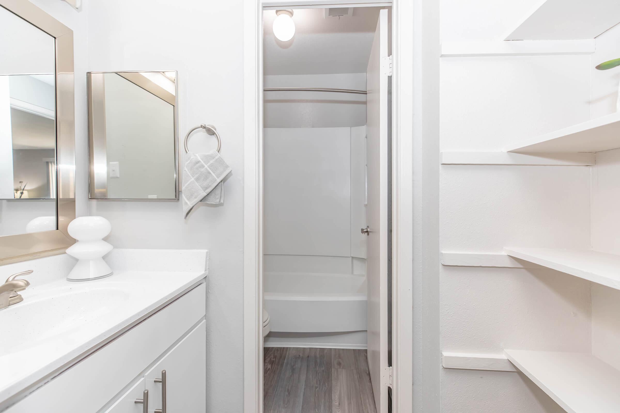 A clean, modern bathroom featuring a white vanity with a round sink, a mirror, and a towel holder. A shower area is visible through an open door, and there are white shelves on the right side, showcasing a tidy space. The walls are painted light, creating a bright and airy atmosphere.