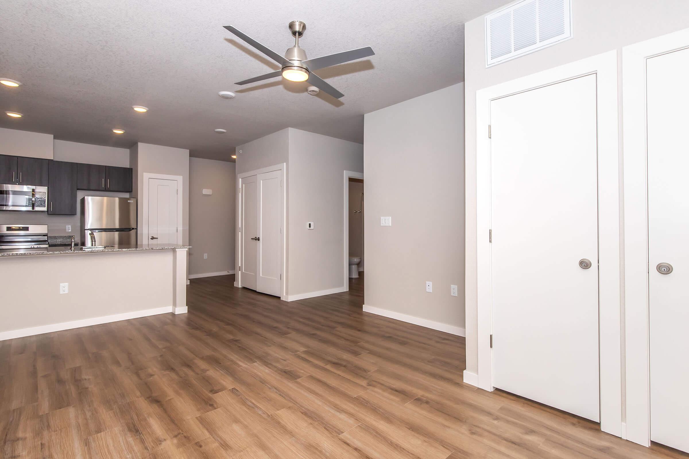 A modern apartment interior featuring an open living space with wooden flooring, a ceiling fan, a kitchen area with stainless steel appliances, and two doors leading to other rooms. The walls are painted in a neutral color, creating a bright and inviting atmosphere.